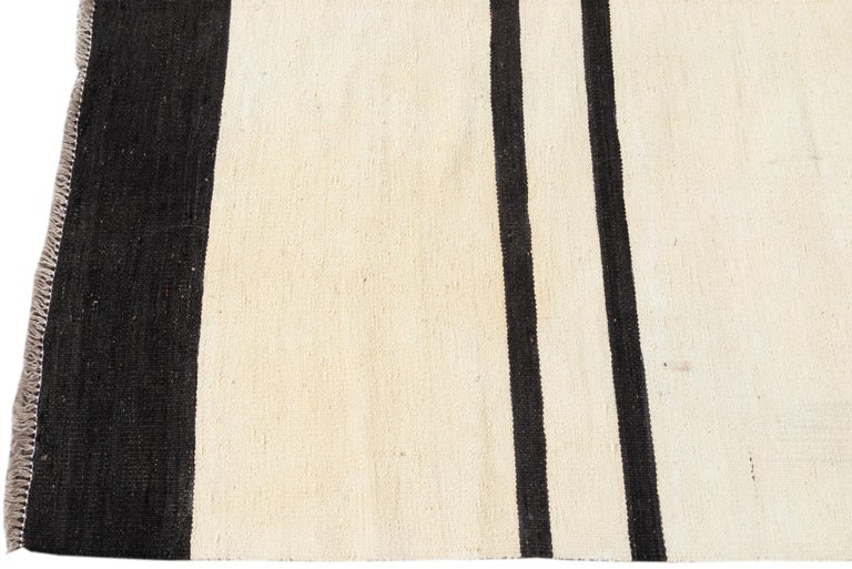 Contemporary Black and White Striped Kilim Flatweave Wool Rug For Sale
