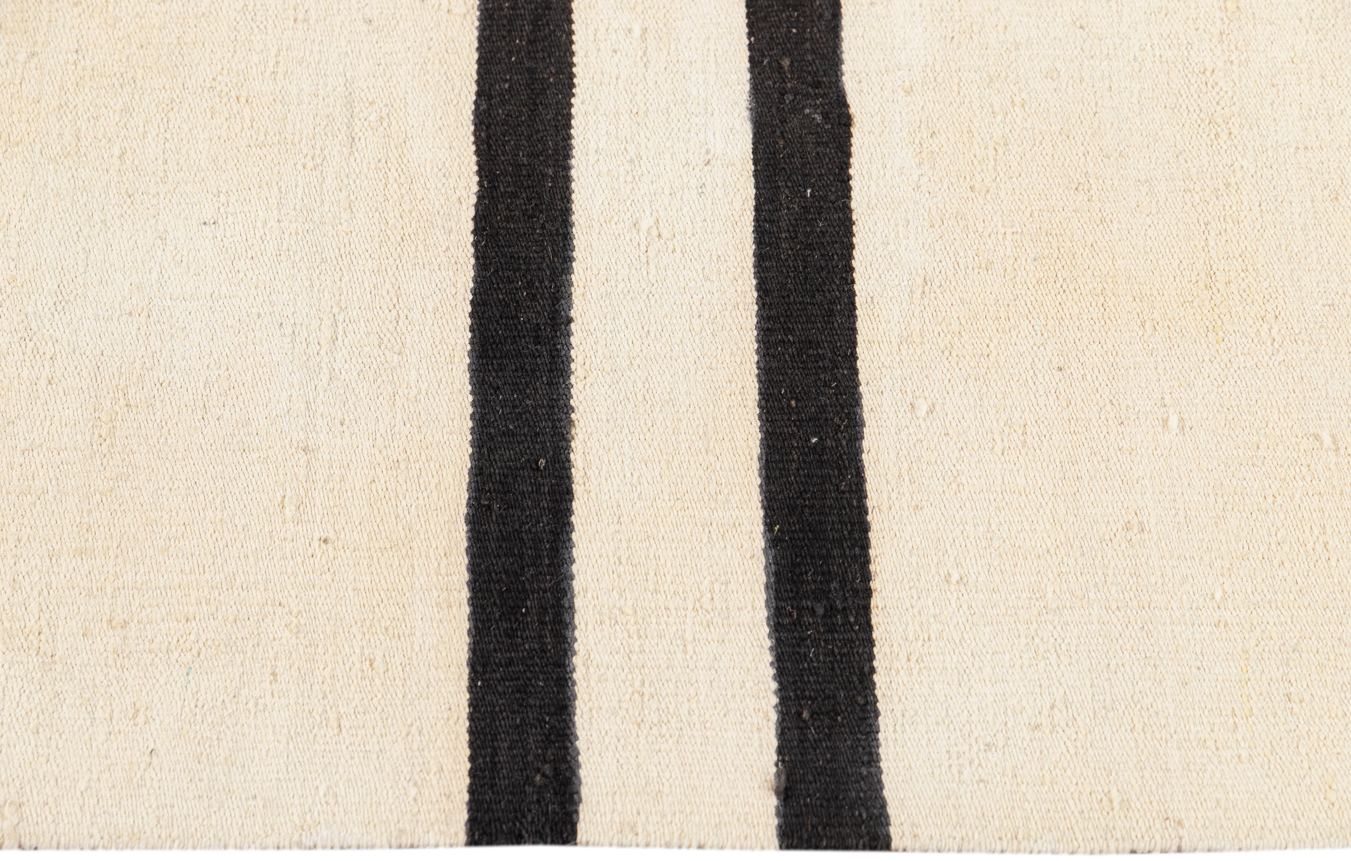 Asian Contemporary Black & White Striped Kilim Flatweave Wool Rug For Sale