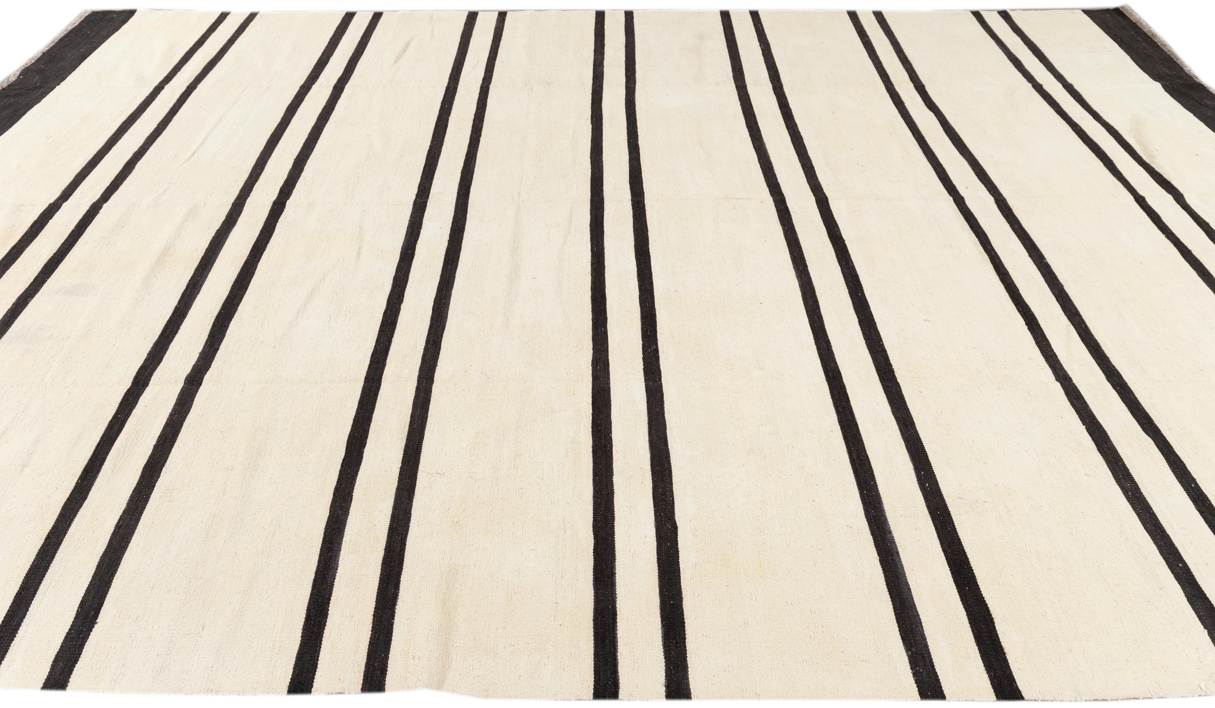 Hand-Woven Contemporary Black & White Striped Kilim Flatweave Wool Rug For Sale