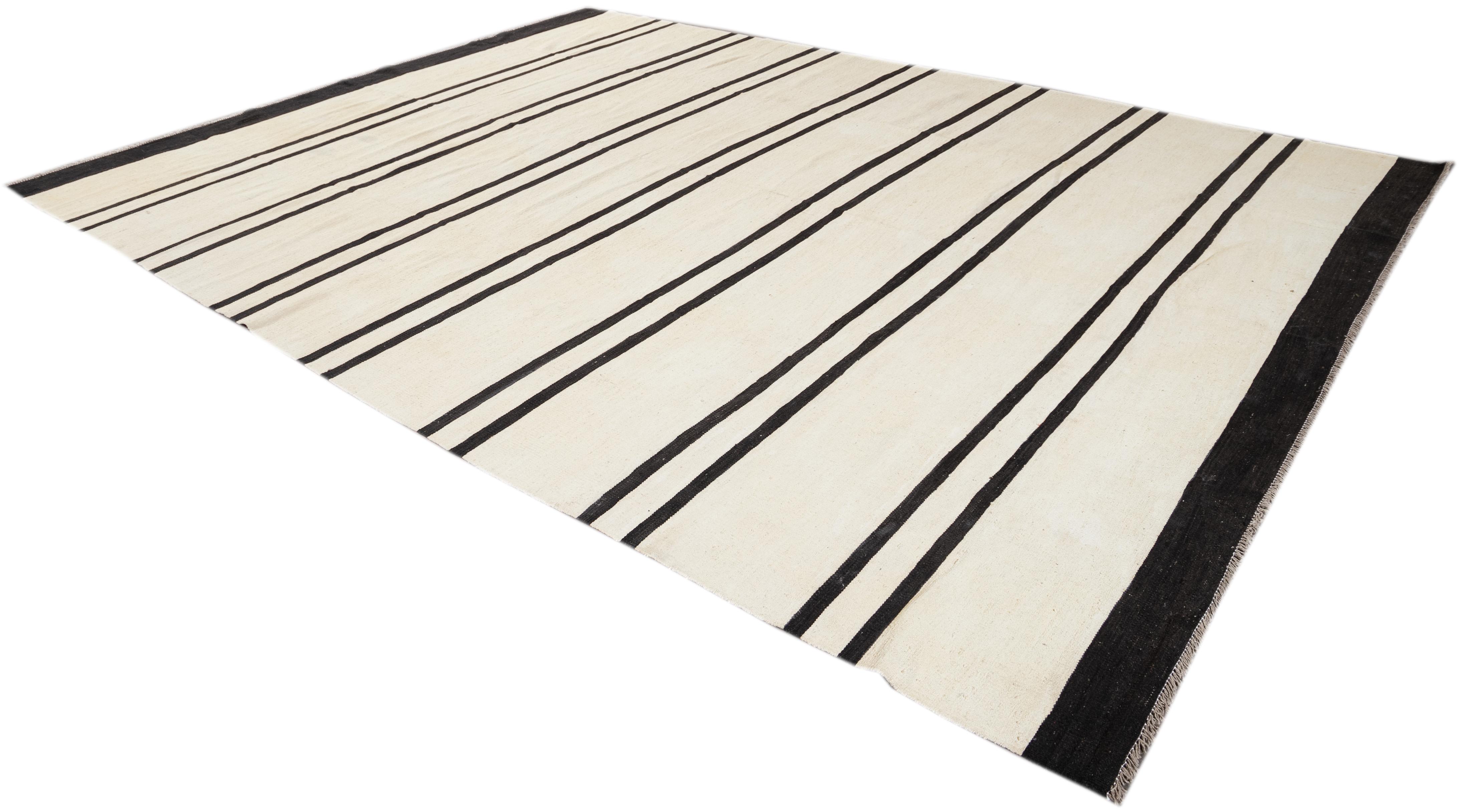 Contemporary Black & White Striped Kilim Flatweave Wool Rug In New Condition For Sale In Norwalk, CT