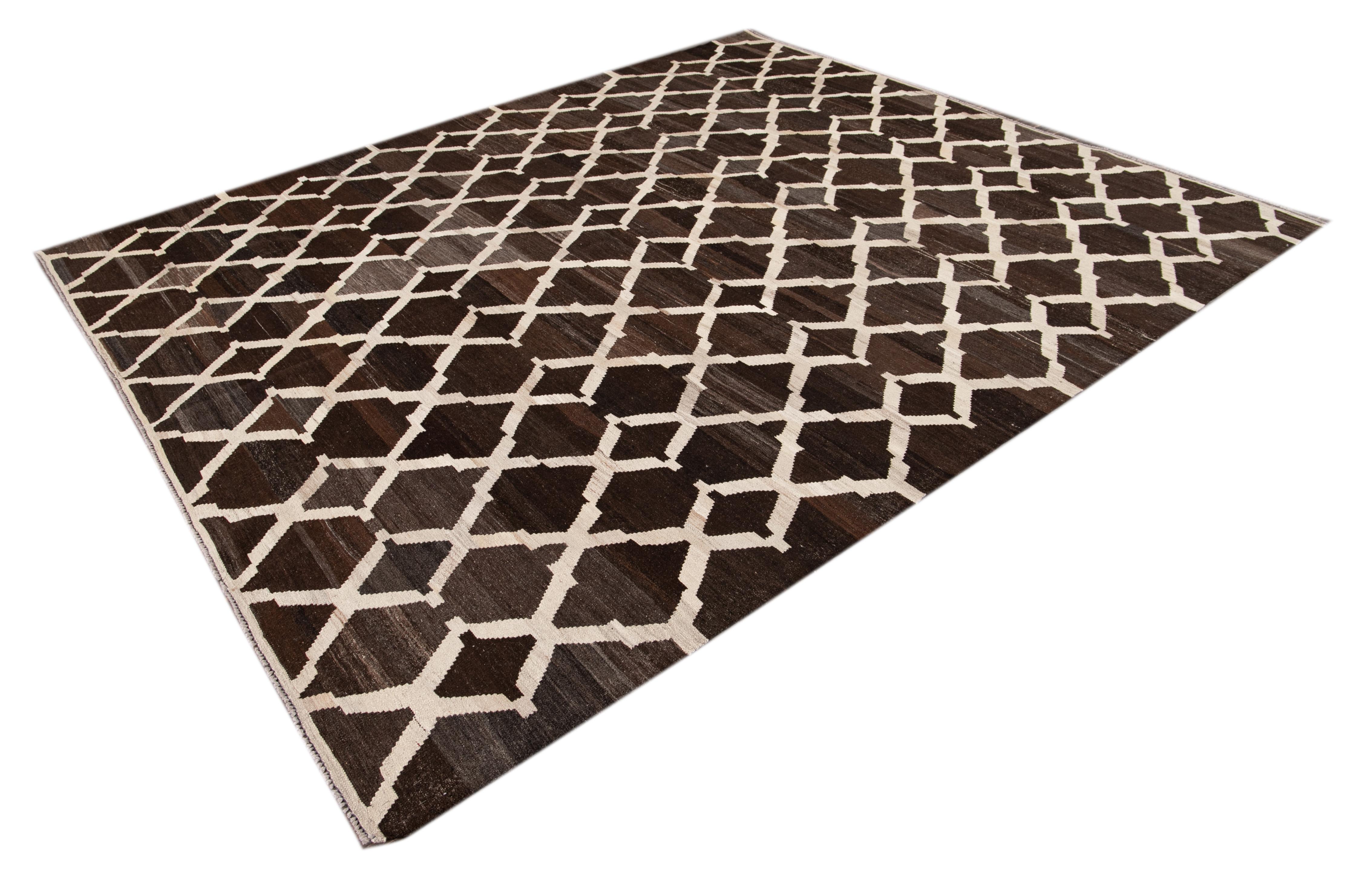 Afghan Contemporary Brown Flaweave Kilim Wool Rug With Trellis Design For Sale