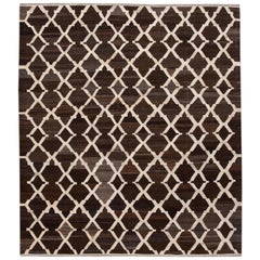 Contemporary Brown Flaweave Kilim Wool Rug With Trellis Design