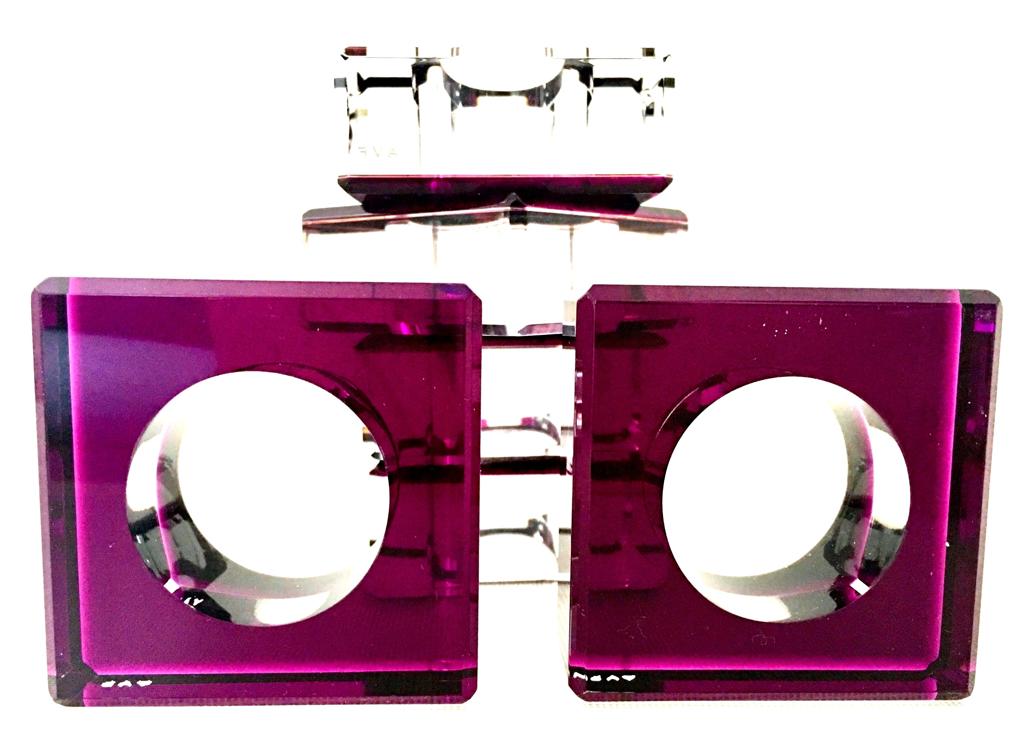 21st century and new contemporary round and square vibrant amethyst set of six cased Lucite napkin rings by, Alexandra Von Furstenberg, (AVF). Each napkin ring is logo signed in white, 