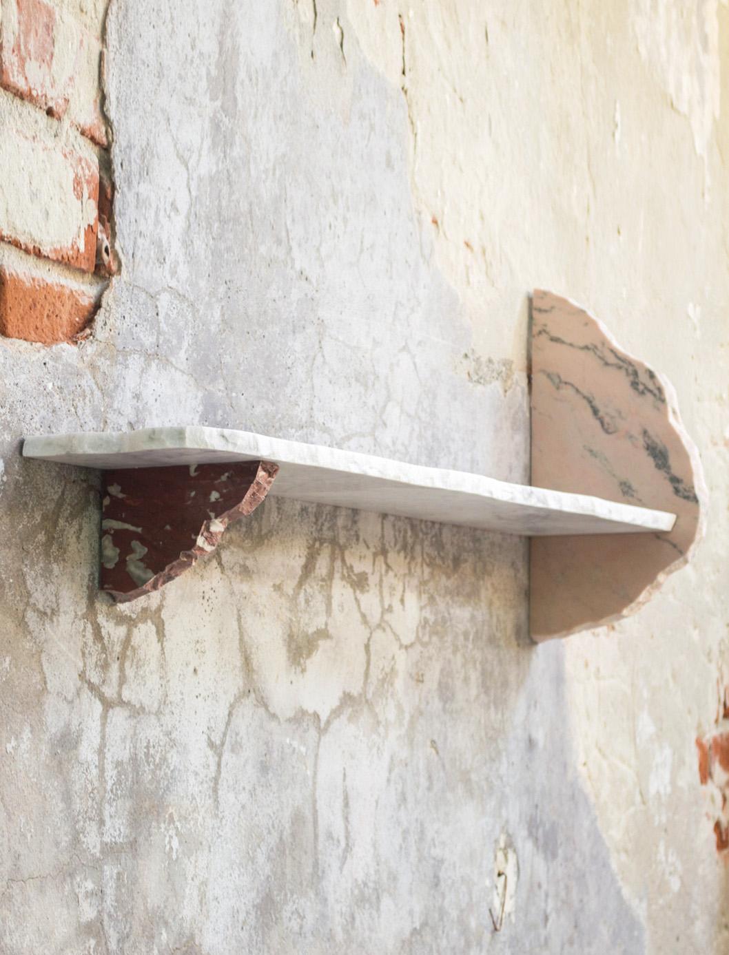 This one-of-a-kind design shelf is completely handmade in Carrara savaging marble elements from the production cycle. Duo Shelf is a product of sustainable design promoting circular economy being produced from savaged materials. Every piece is