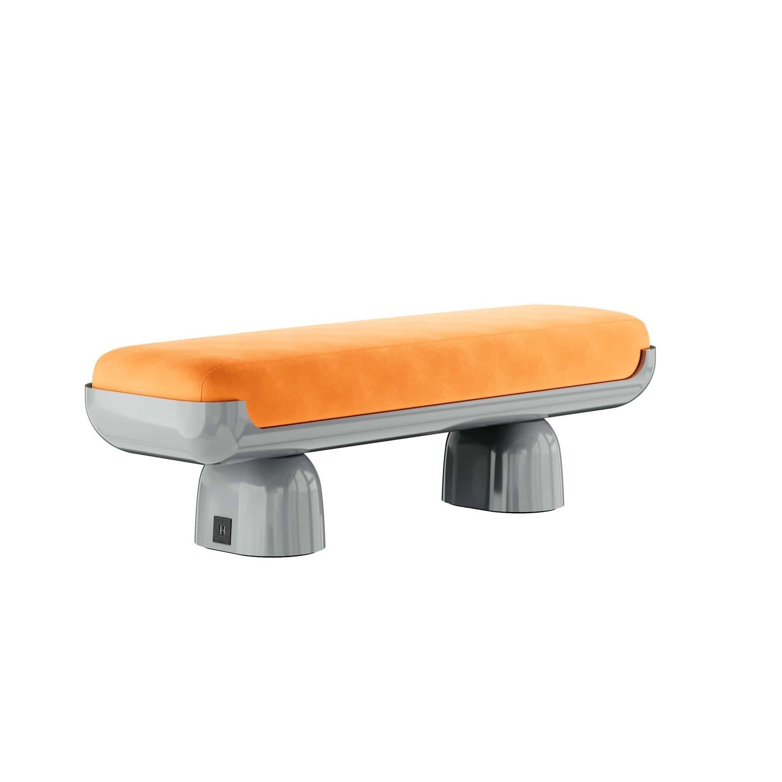 21st Century Contemporary Minimal Orange velvet bench with Grey Lacquered Base

Fifih Bench Orange is a modern bench upholstered in a warm orange fabric that will suit any interior style, from the living room to the bedroom, entryway, or office