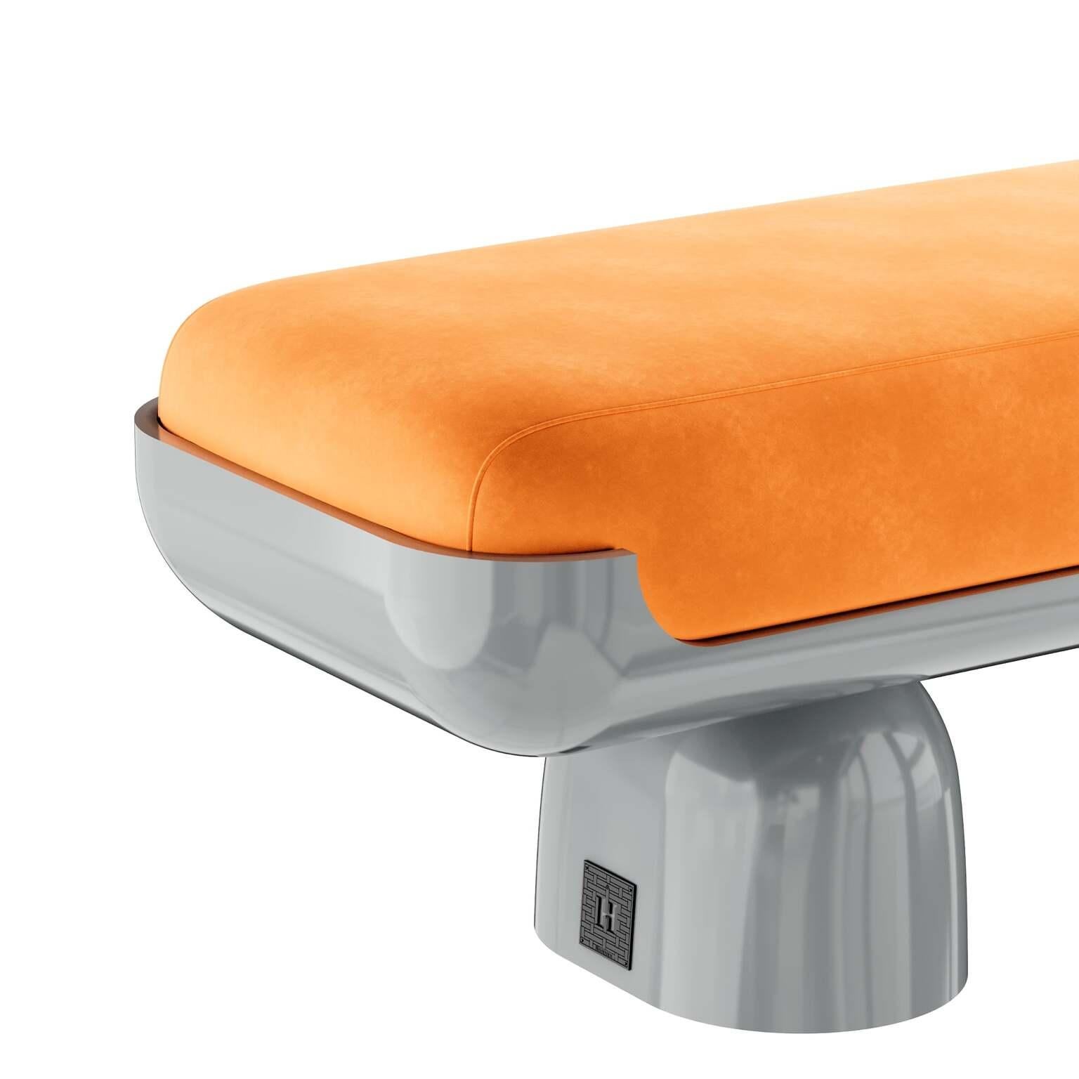 Modern 21st Century Contemporary Minimal Orange Velvet Bench with Grey Lacquered Base For Sale
