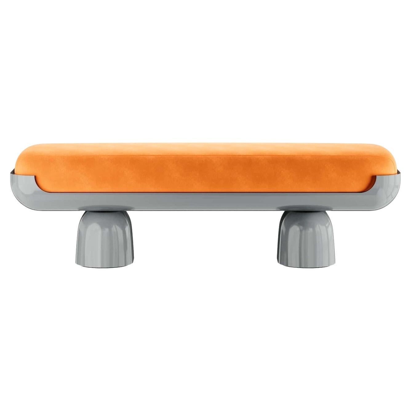 21st Century Contemporary Minimal Orange Velvet Bench with Grey Lacquered Base For Sale