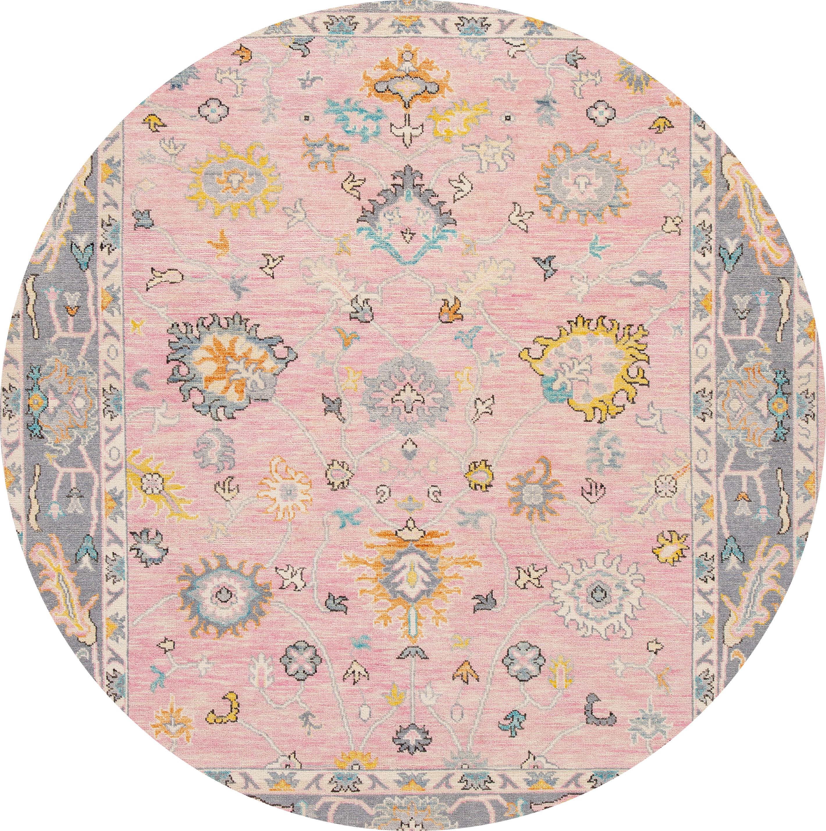 Beautiful contemporary Oushak rug, hand knotted wool with a pink field, and multi-color accents in all-over floral design,

This rug measures: 8'2