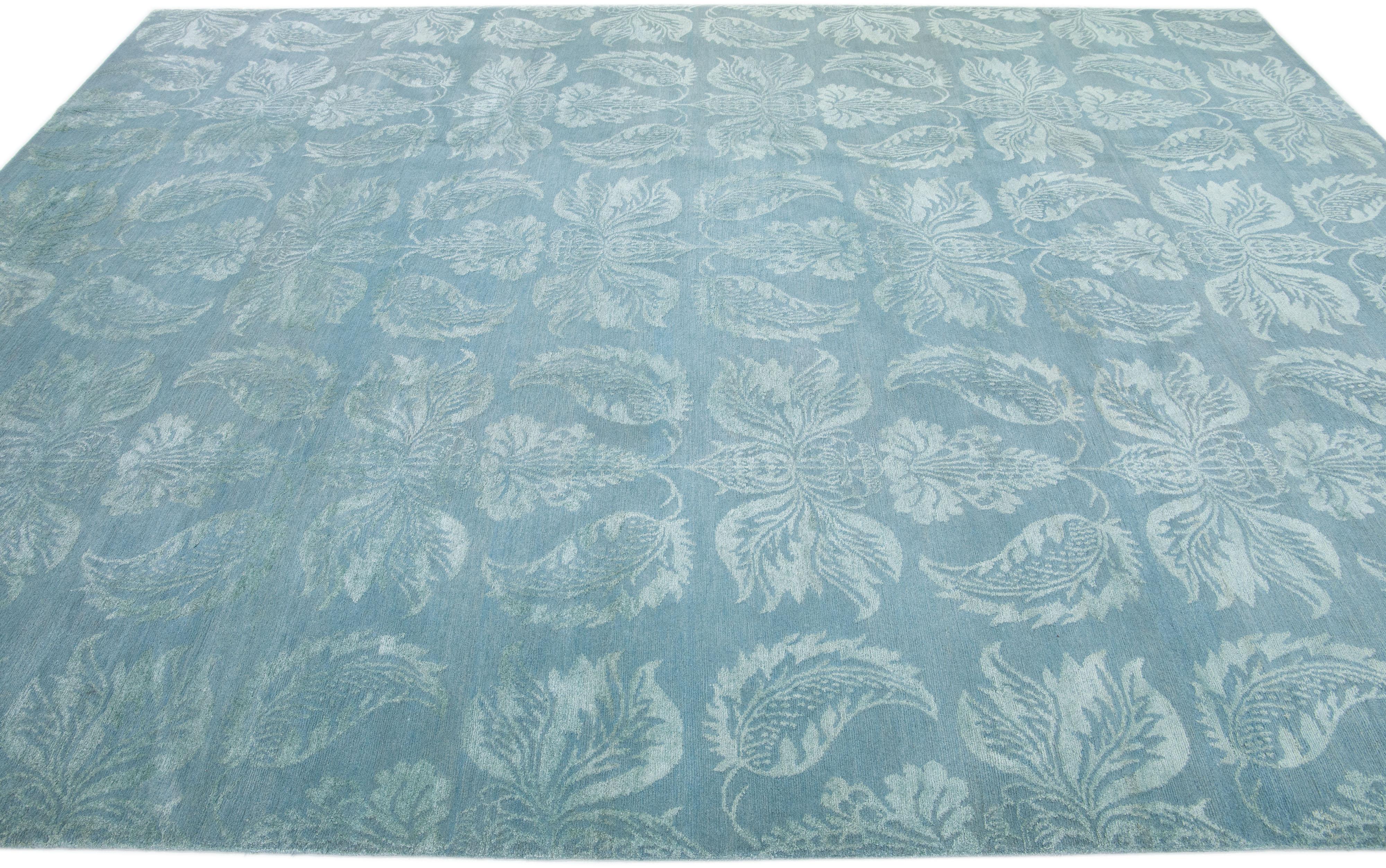 Hand-Knotted Floral Blue Contemporary Nepalese Wool & Silk Rug For Sale