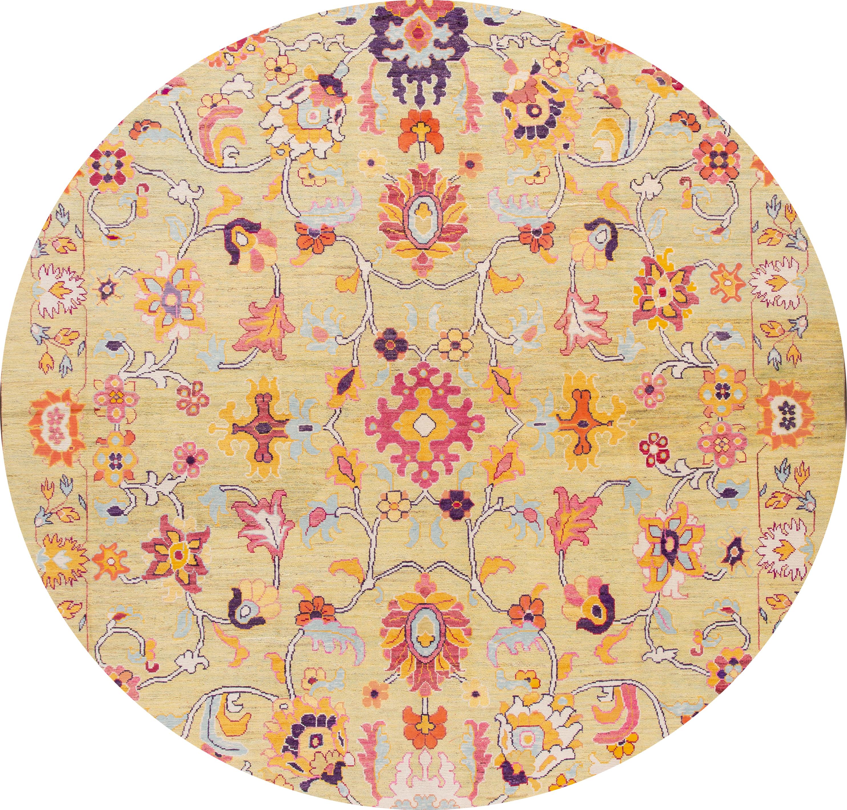 Beautiful contemporary oversize Oushak hand knotted wool rug with a floral geometric design on a yellow field. Accents of red, orange, and blue throughout the piece.

This rug measures: 11'11