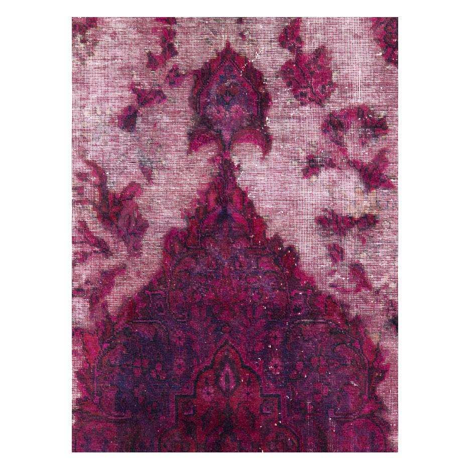 The artist used a vintage Persian room size accent rug as the canvas to intentionally distress and overdyed this modern rug in fuchsia. The appeal is shabby chic, but otherwise, it is in very strong and durable condition.

Measures: 6' 2