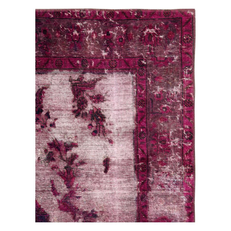 Hand-Knotted 21st Century Contemporary Overdyed and Distressed Persian Accent Rug in Fuchsia