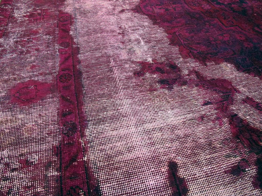 Wool 21st Century Contemporary Overdyed and Distressed Persian Accent Rug in Fuchsia