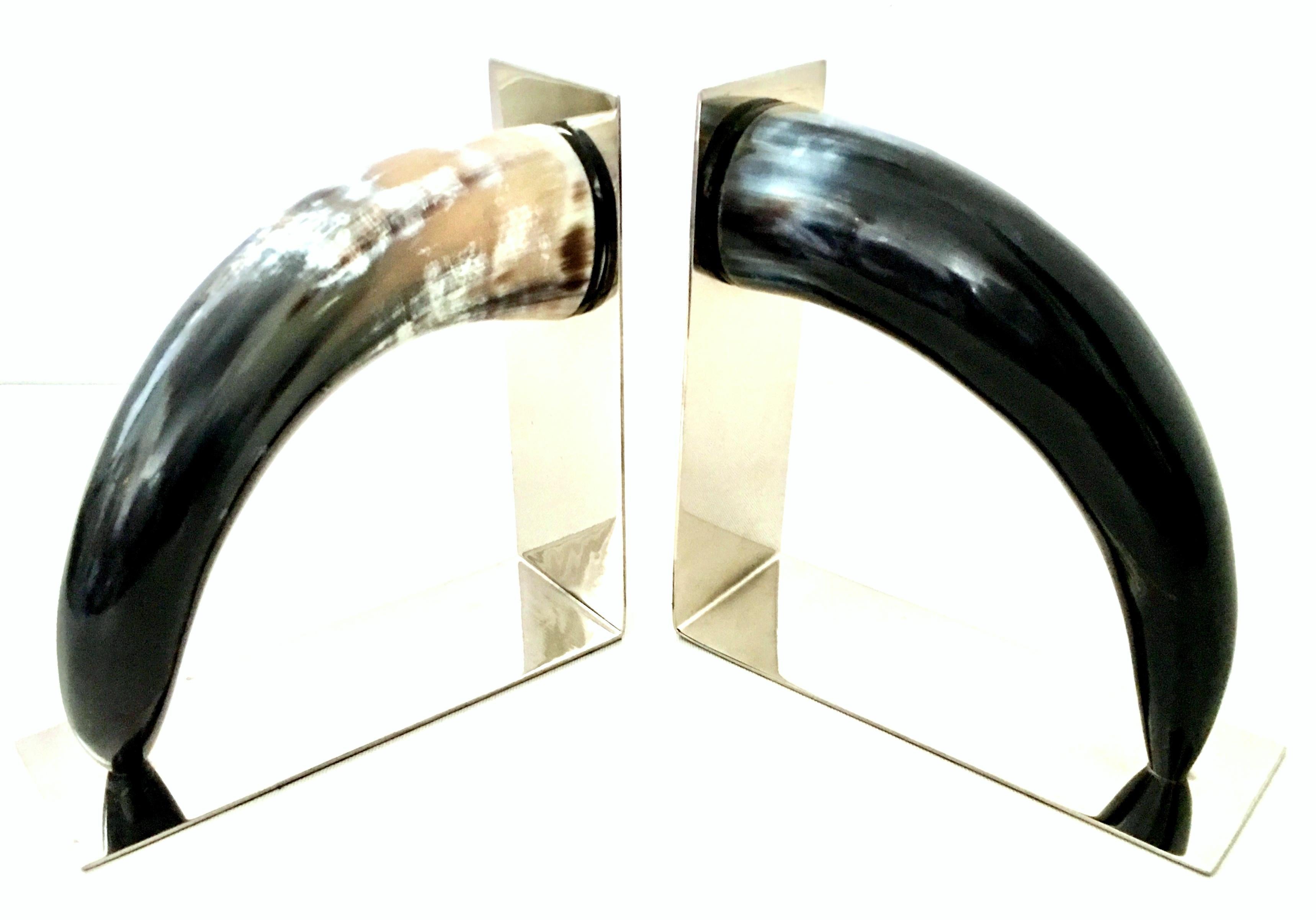 21st Century Contemporary Pair of Chrome Mounted Horn Bookend Sculptures For Sale 1