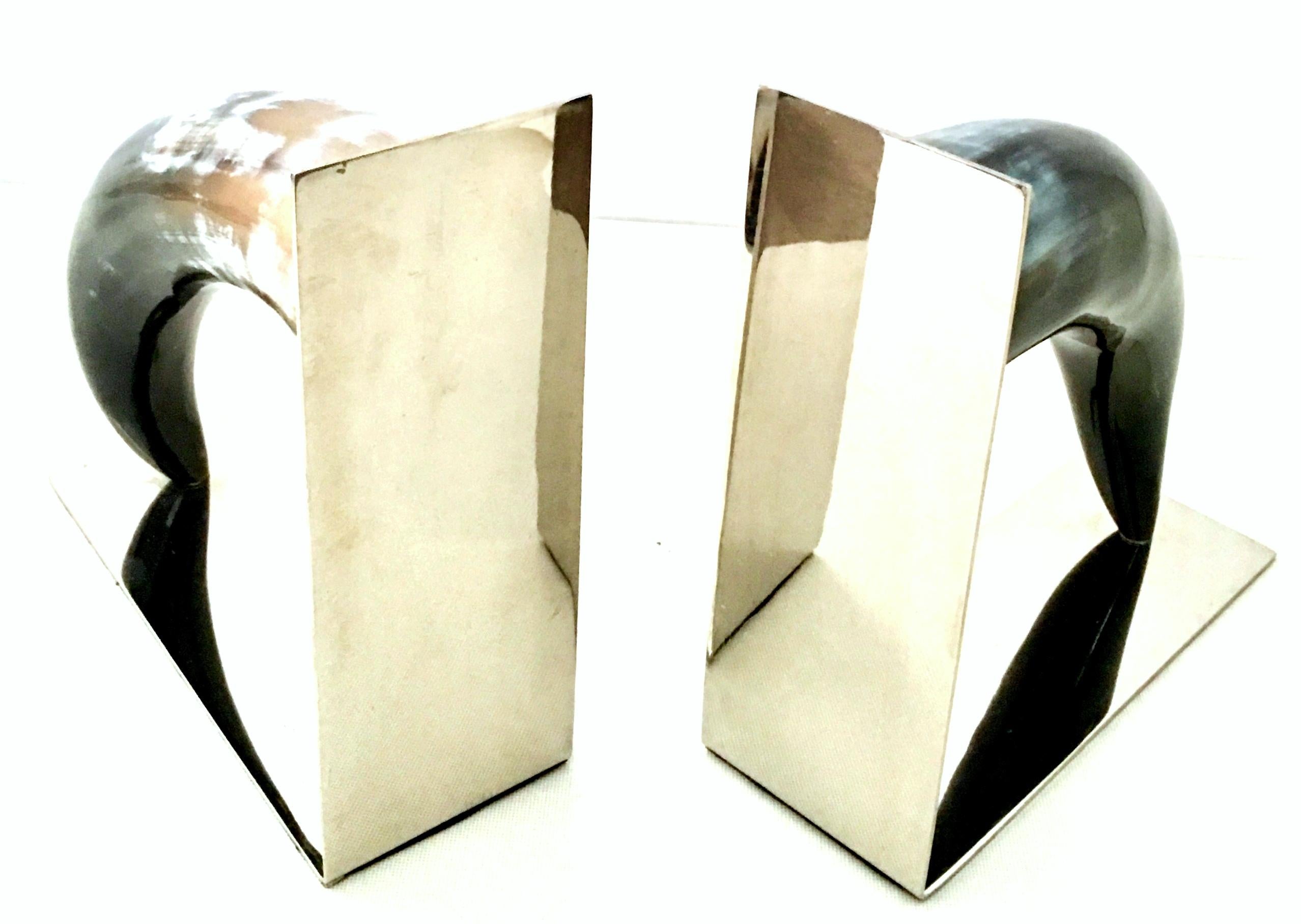 21st Century Contemporary Pair of Chrome Mounted Horn Bookend Sculptures For Sale 3