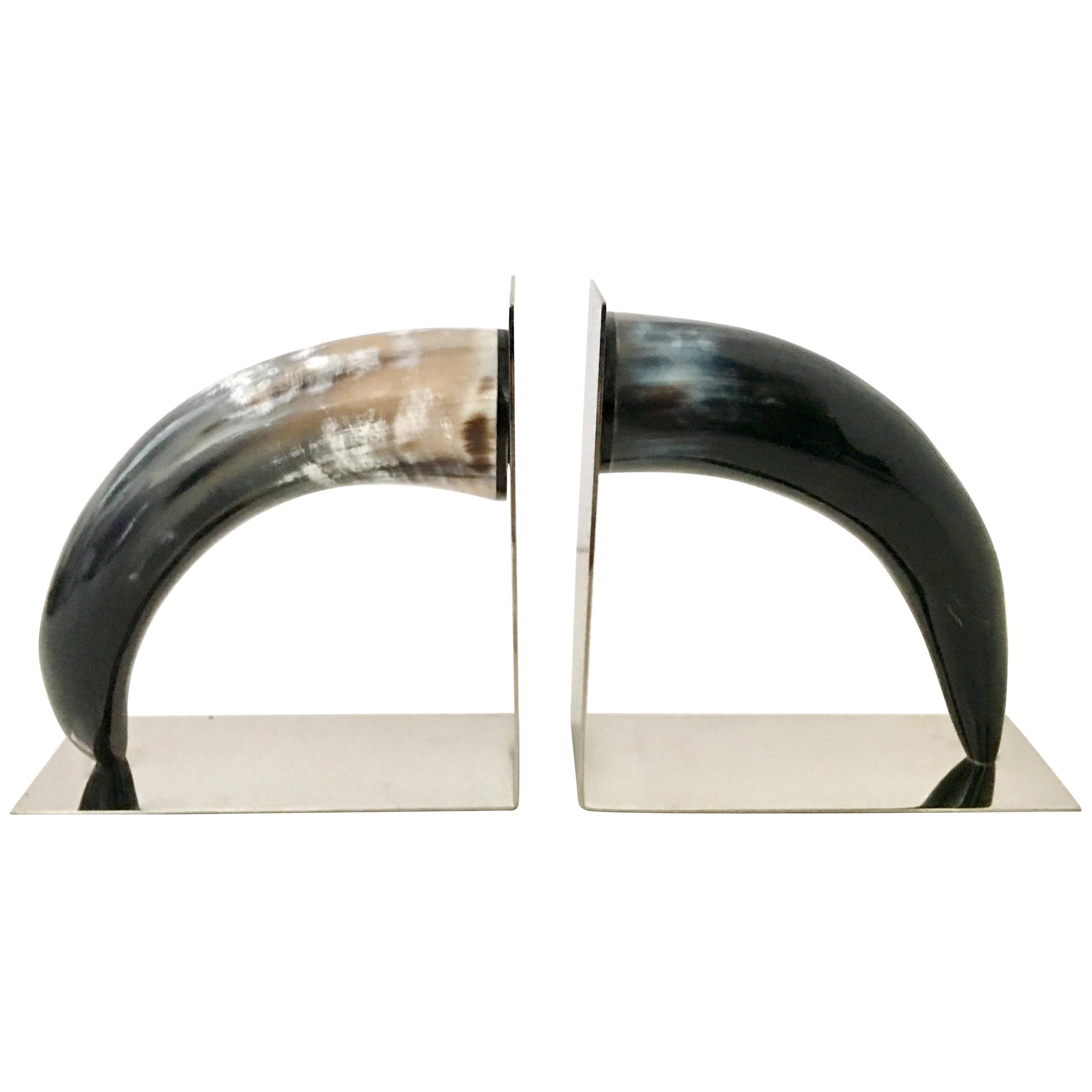 21st Century Contemporary Pair of Chrome Mounted Horn Bookend Sculptures For Sale