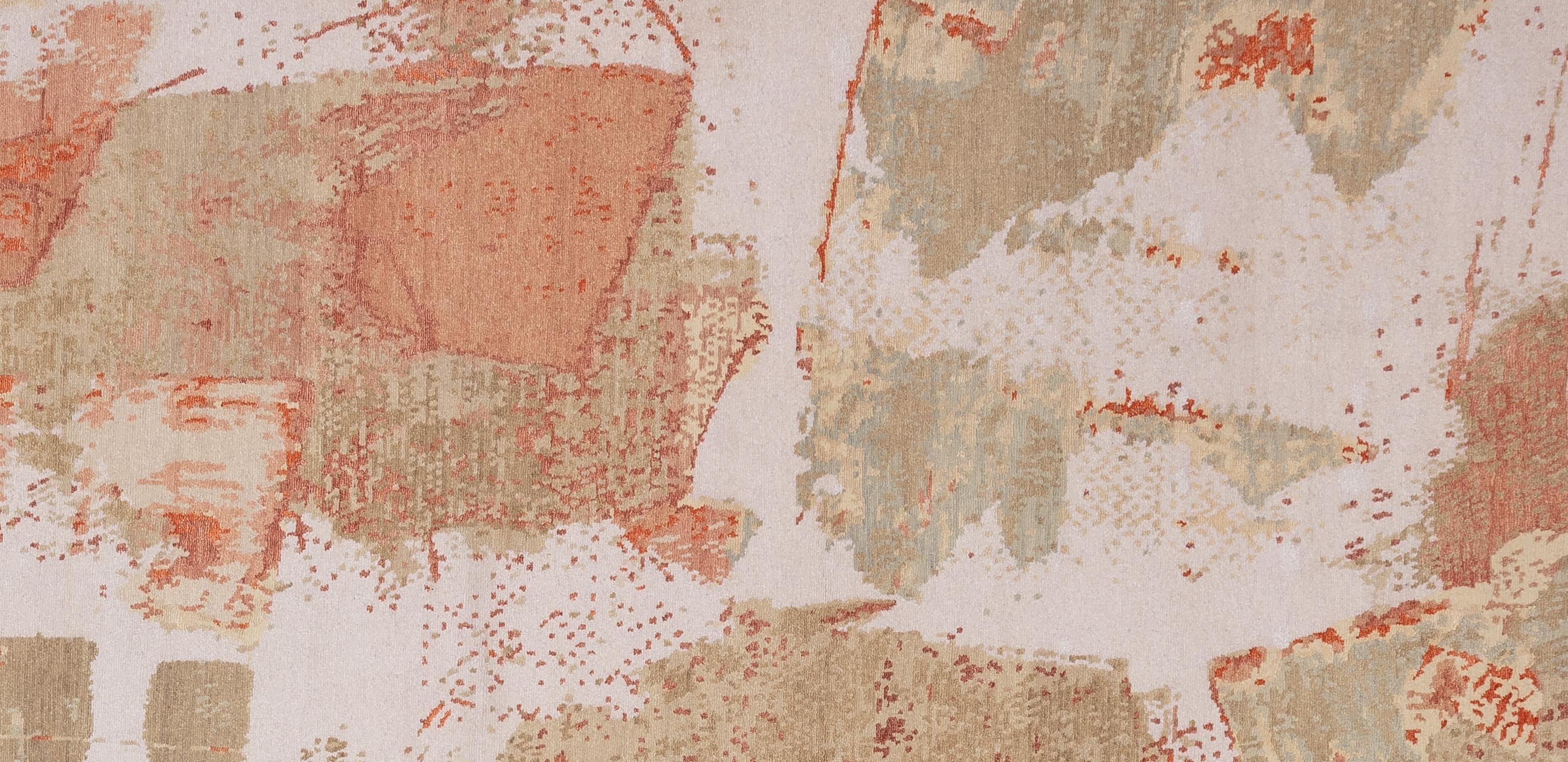 Enhance your home with this luxurious contemporary silk and wool rug, meticulously handcrafted in Nepal. This exquisite piece features a stunning array of vibrant tones, creating a visually captivating centerpiece for any room. The blend of premium