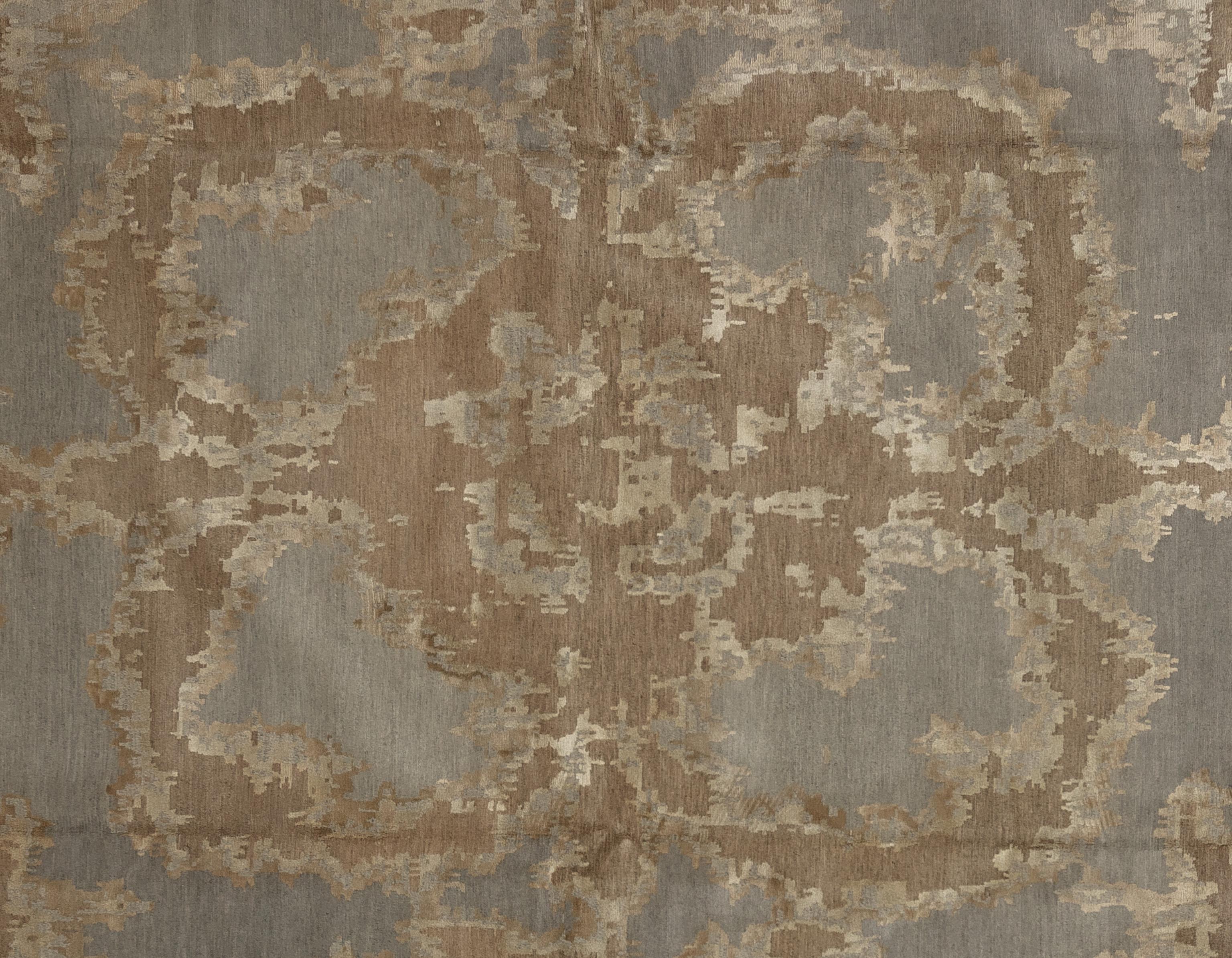 Enhance your home with this luxurious Contemporary silk and wool rug, meticulously handcrafted in Nepal. This exquisite piece features a stunning array of vibrant tones, creating a visually captivating centerpiece for any room. The blend of premium