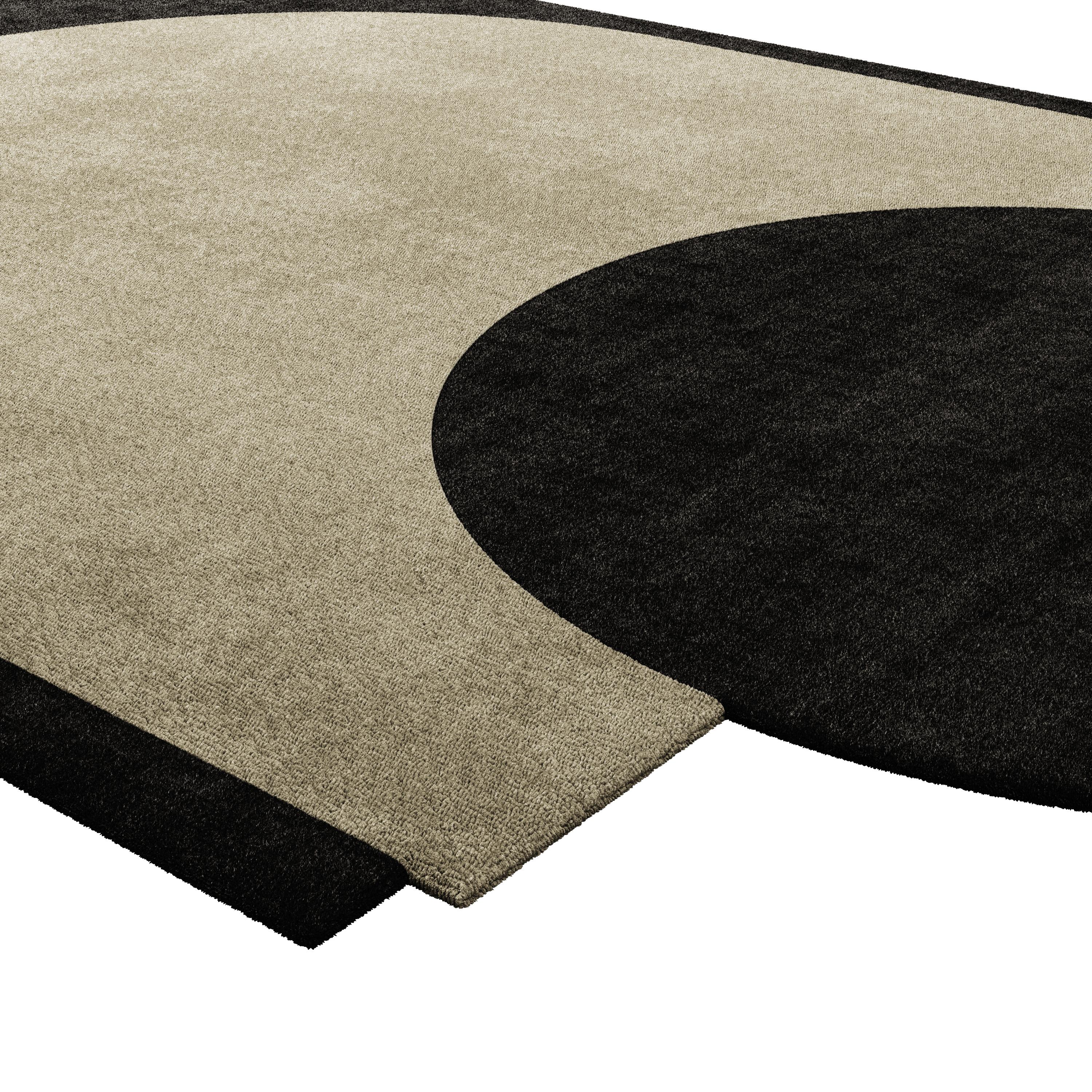 Hand-Crafted Mid-Century Modern Rug Geometric Pattern Beige & Black For Sale