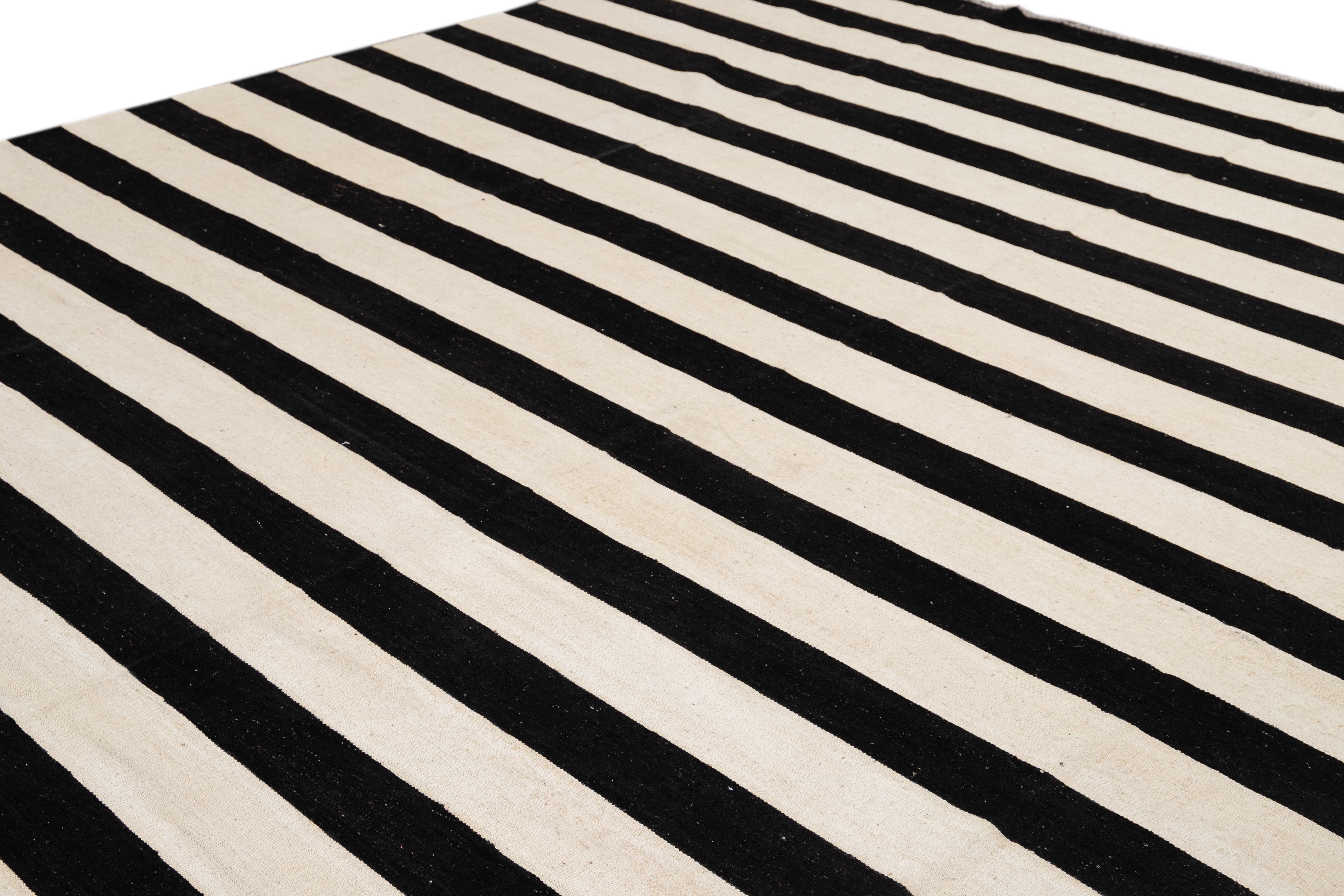 Modern Kilim Black And White Flatweave Wool Rug With Striped Design For Sale 5