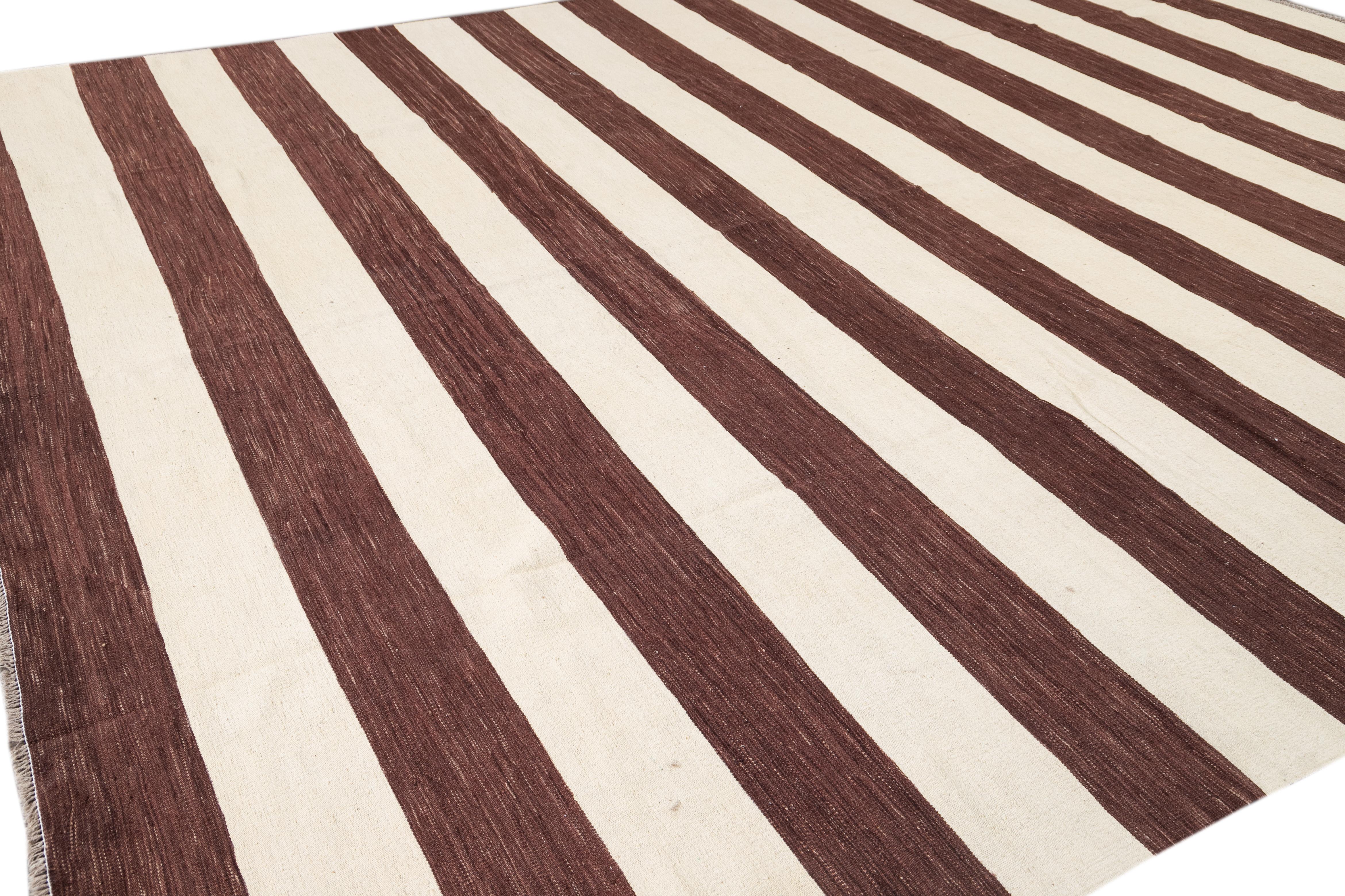 Contemporary Brown & White Striped Kilim Flatweave Wool Rug 2
