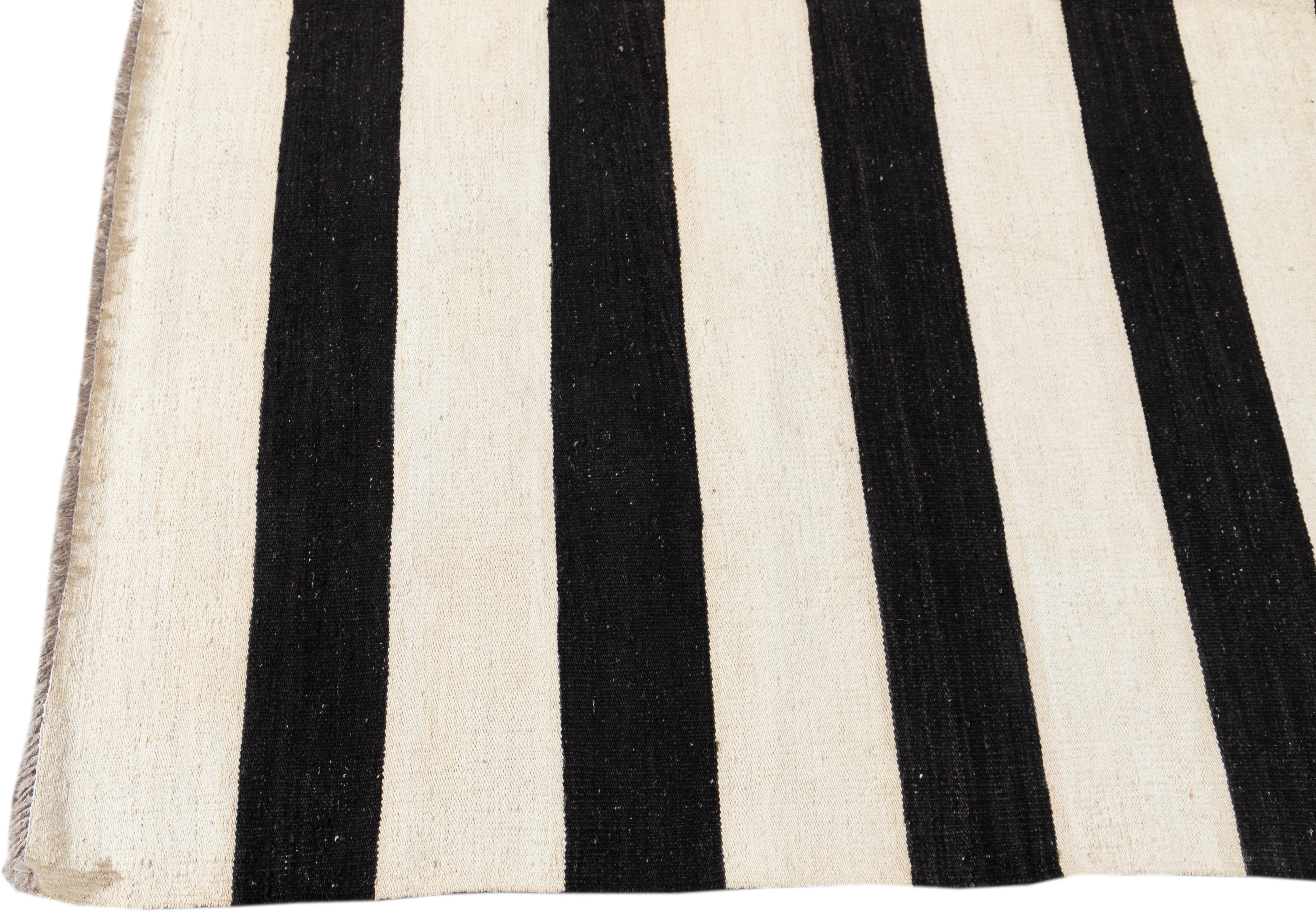 Contemporary Modern Kilim Black And White Flatweave Wool Rug With Striped Design For Sale