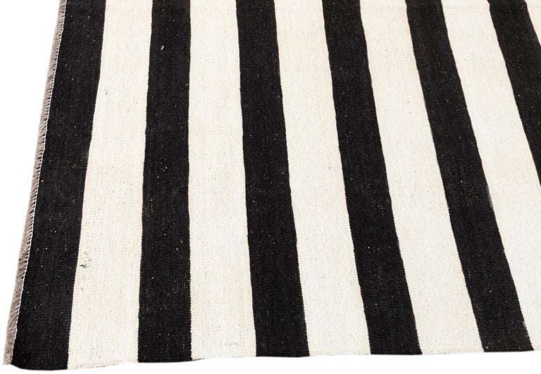 Contemporary Oversize Black and White Striped Kilim Flatweave Wool Rug