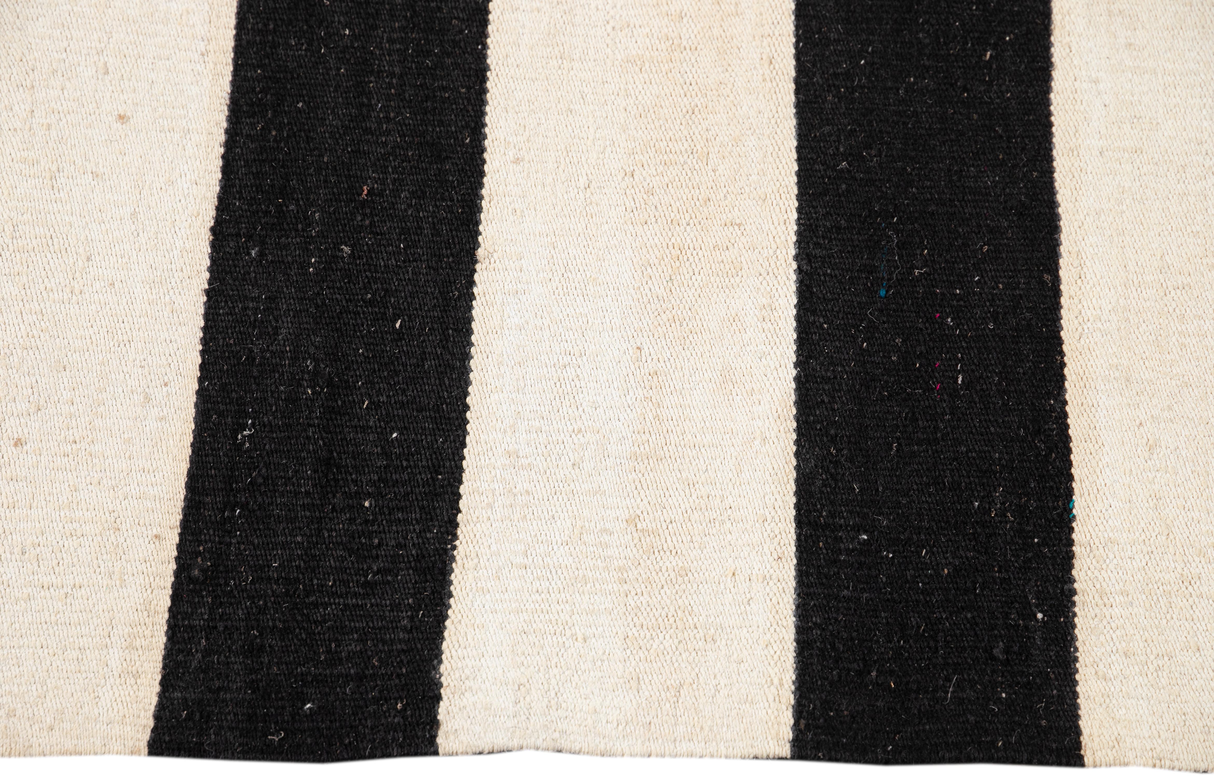 Modern Kilim Black And White Flatweave Wool Rug With Striped Design For Sale 1