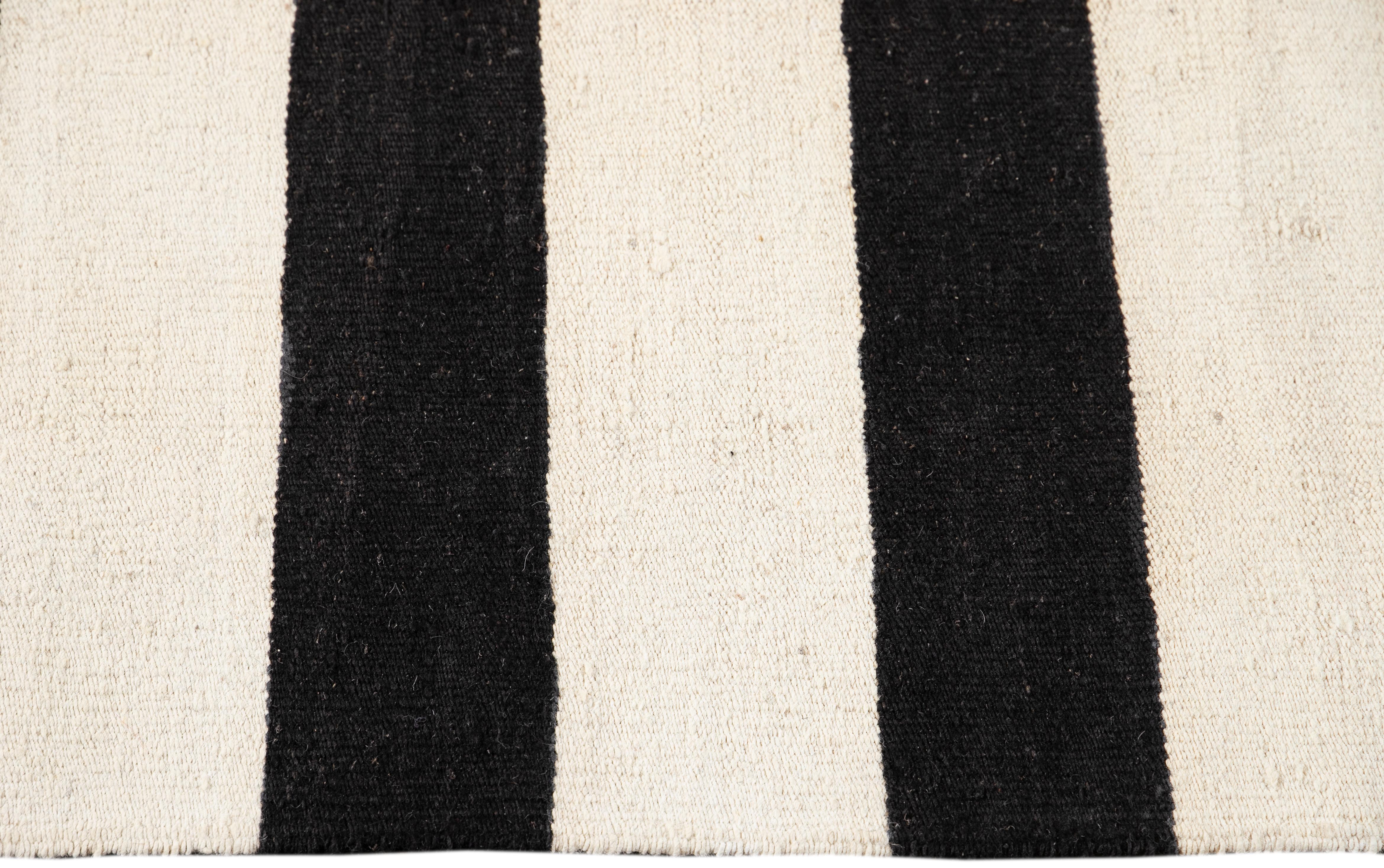 Asian Contemporary Oversize Black & White Striped Kilim Flatweave Wool Rug For Sale