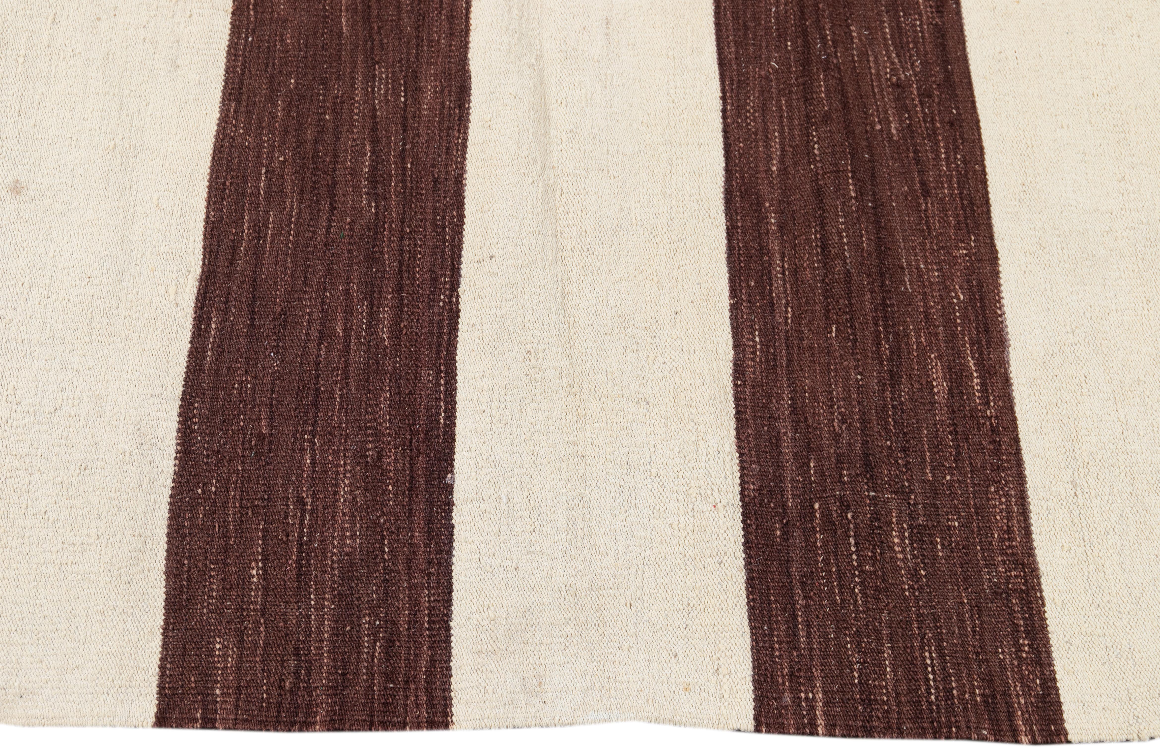 Asian Contemporary Brown & White Striped Kilim Flatweave Wool Rug