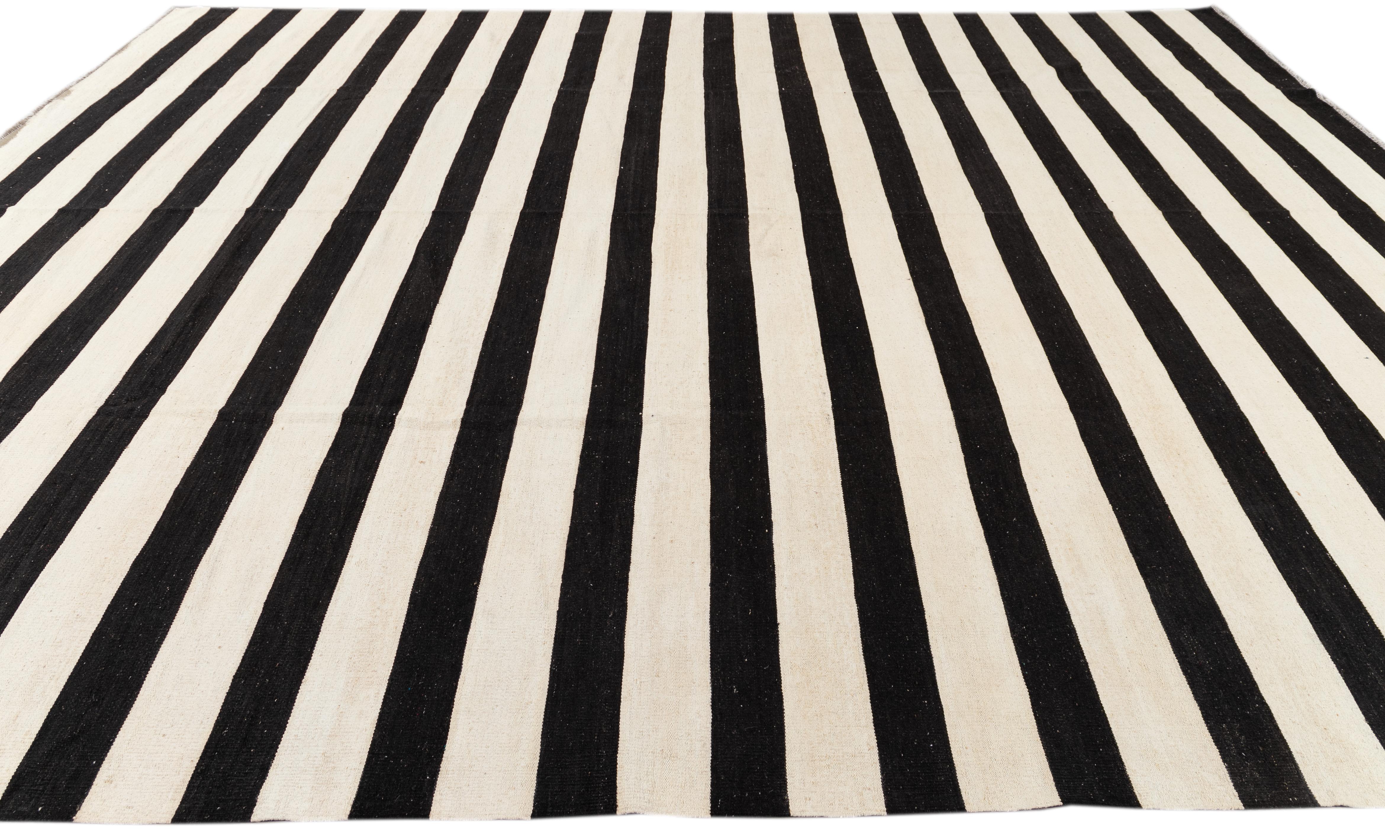 Modern Kilim Black And White Flatweave Wool Rug With Striped Design For Sale 2
