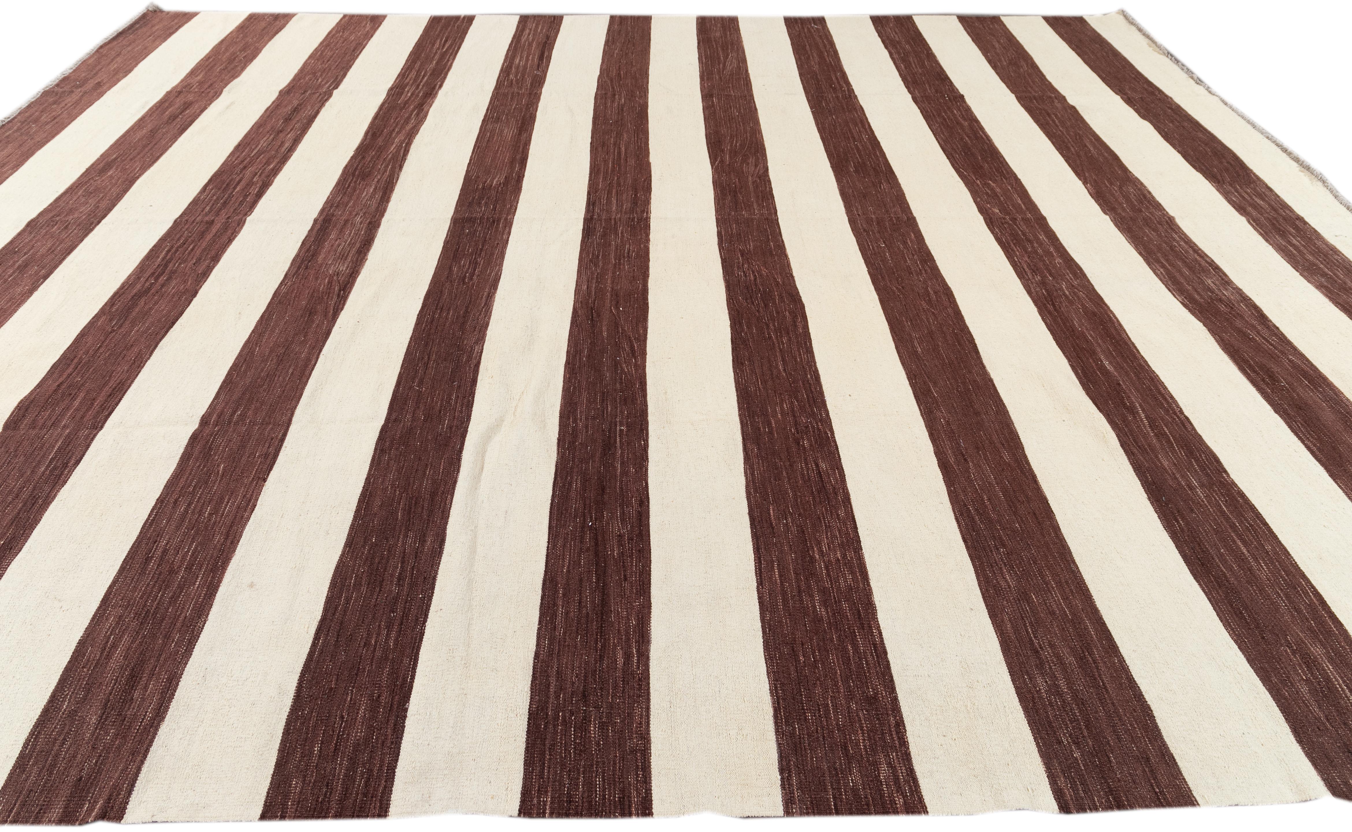 Hand-Woven Contemporary Brown & White Striped Kilim Flatweave Wool Rug