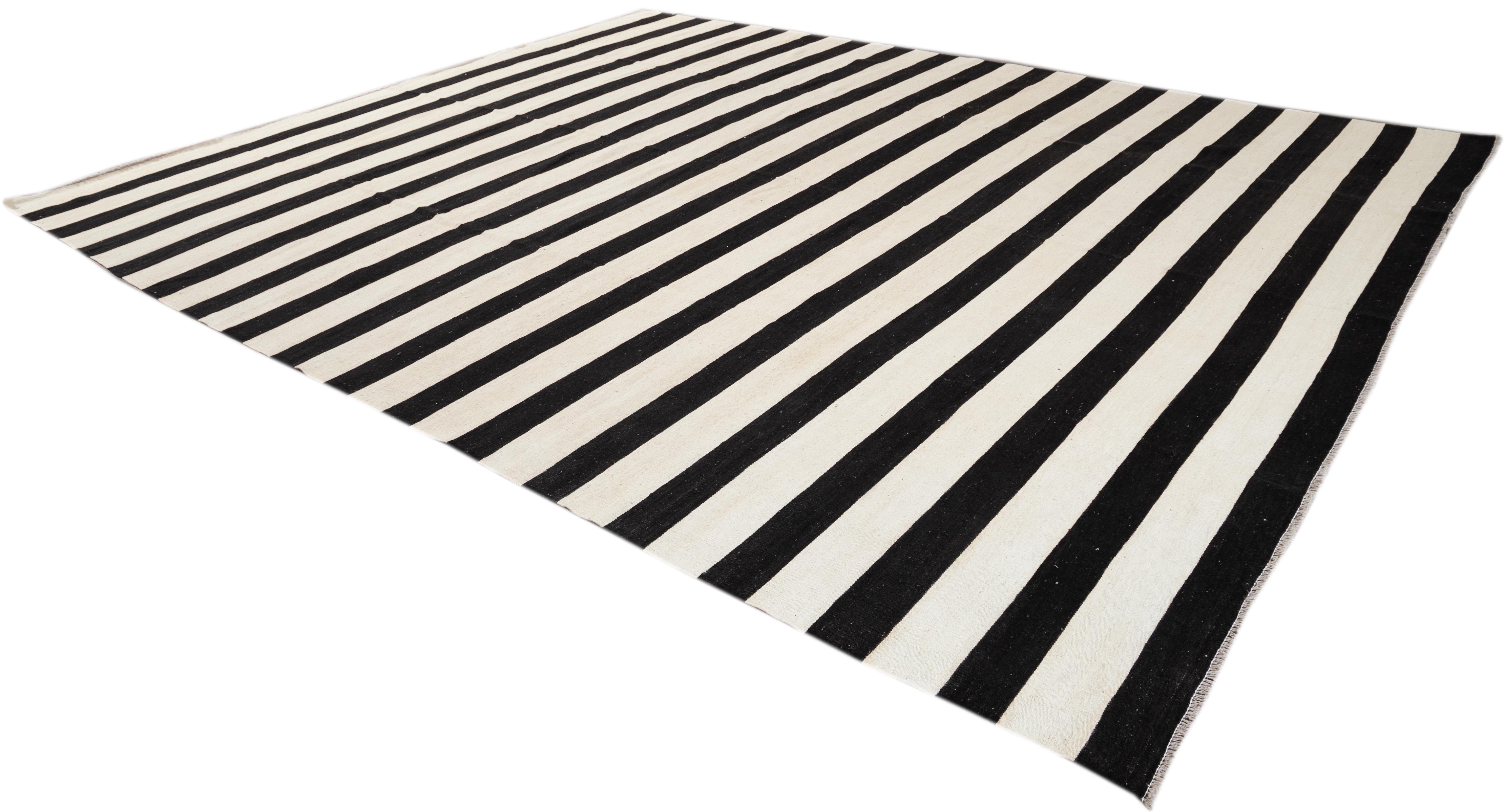 Modern Kilim Black And White Flatweave Wool Rug With Striped Design For Sale 3