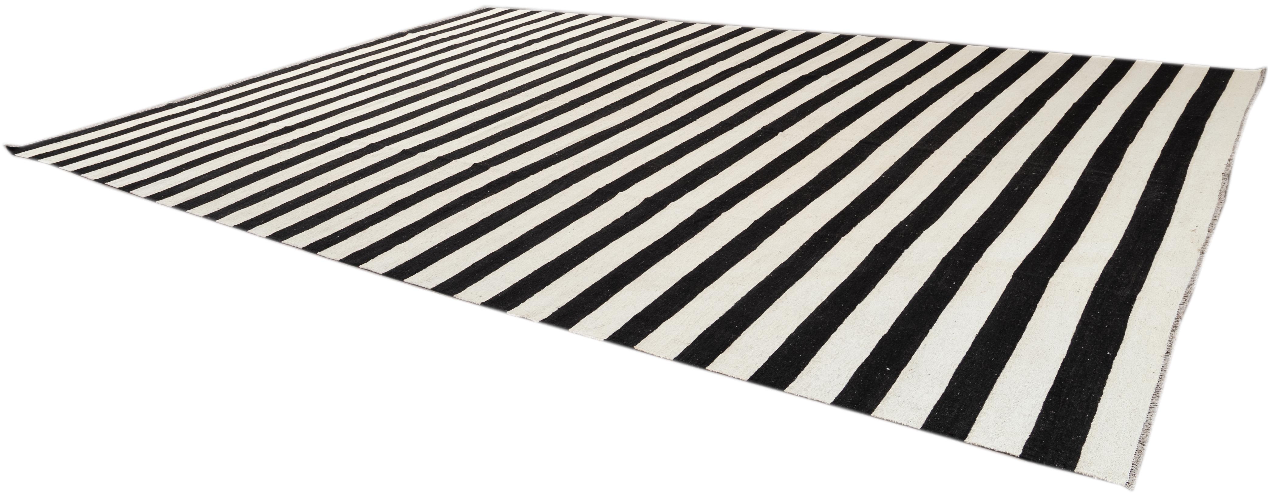 Contemporary Oversize Black & White Striped Kilim Flatweave Wool Rug For Sale 1