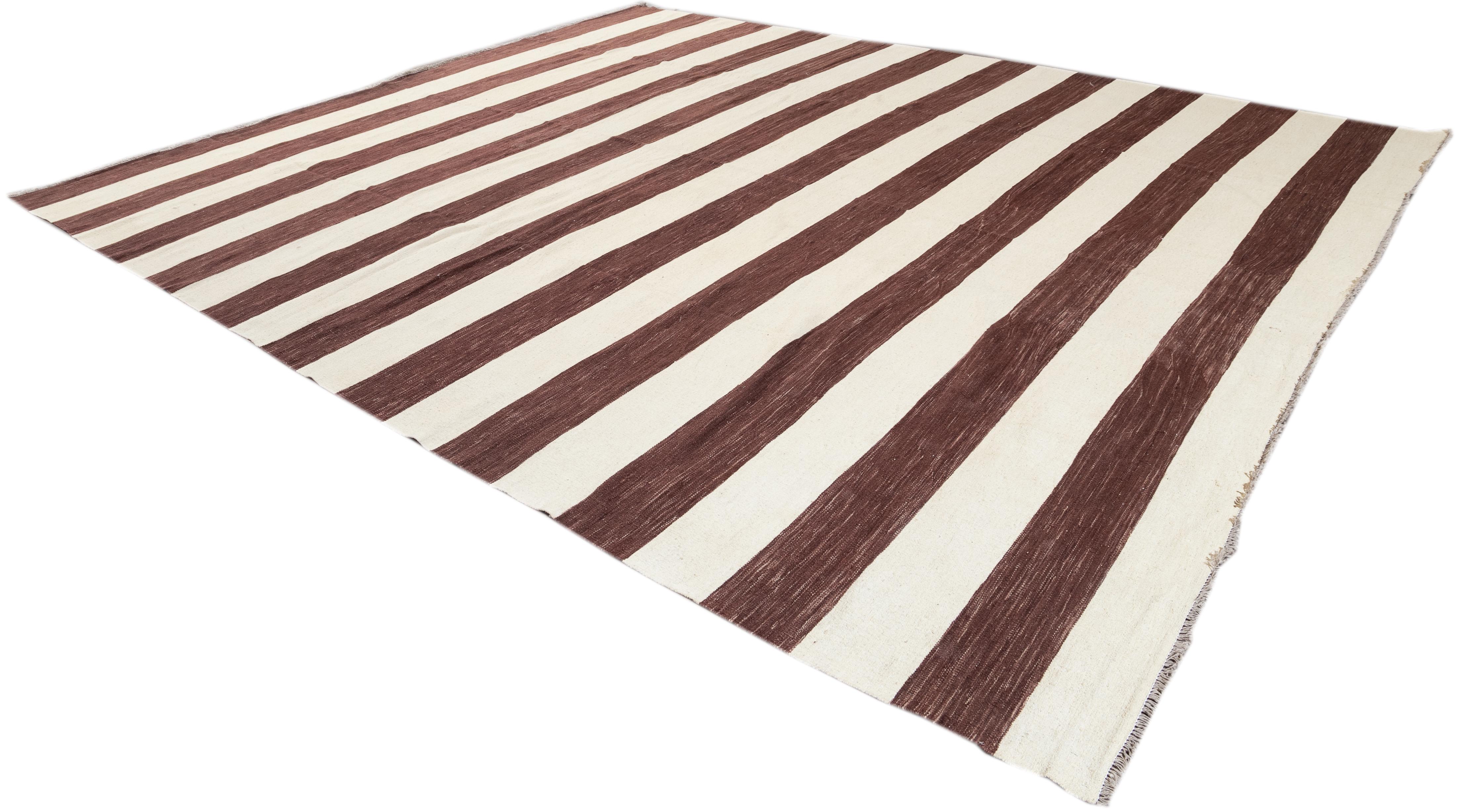 Contemporary Brown & White Striped Kilim Flatweave Wool Rug In New Condition In Norwalk, CT