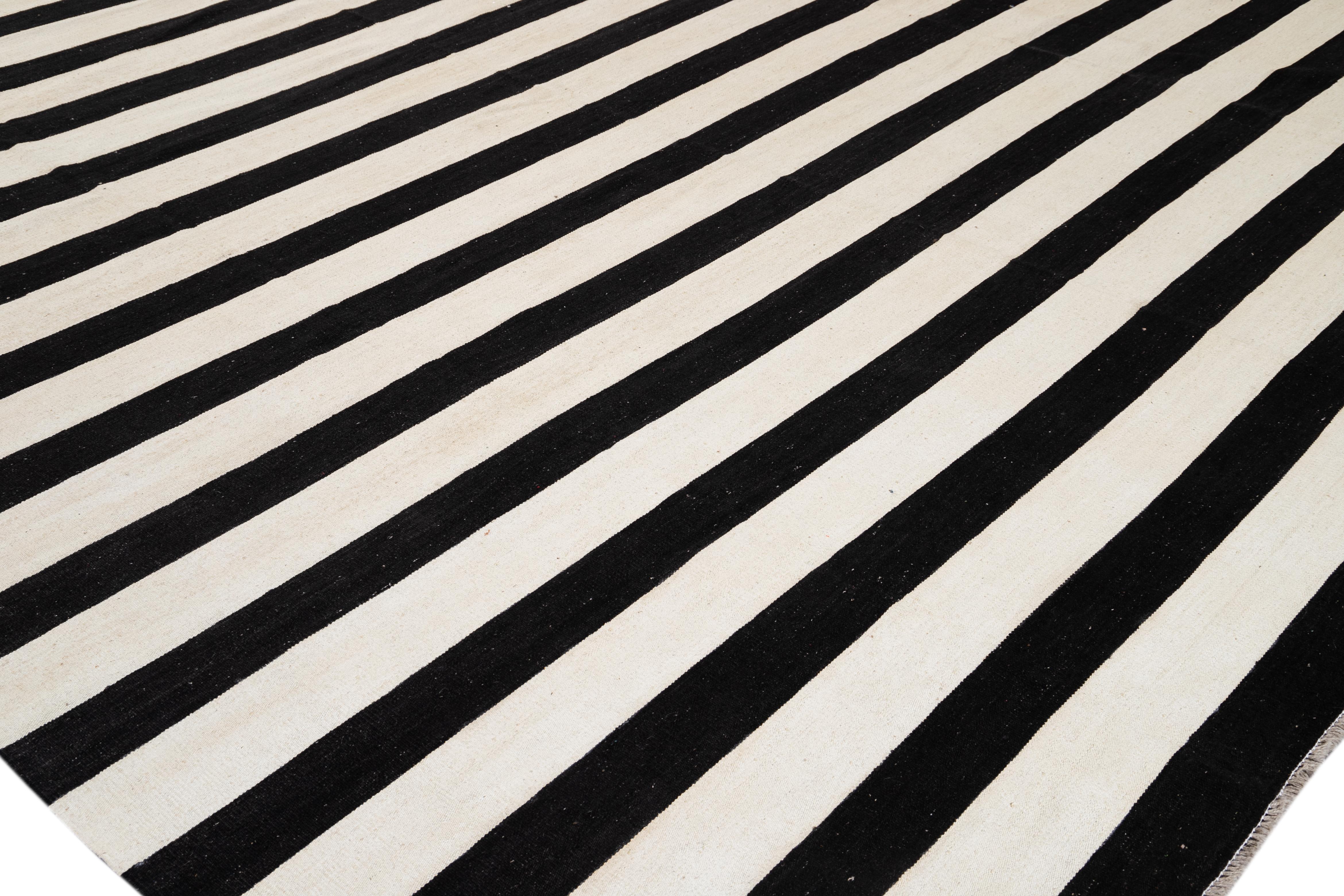 Modern Kilim Black And White Flatweave Wool Rug With Striped Design For Sale 4
