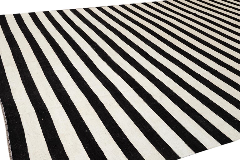 Contemporary Oversize Black and White Striped Kilim Flatweave Wool Rug