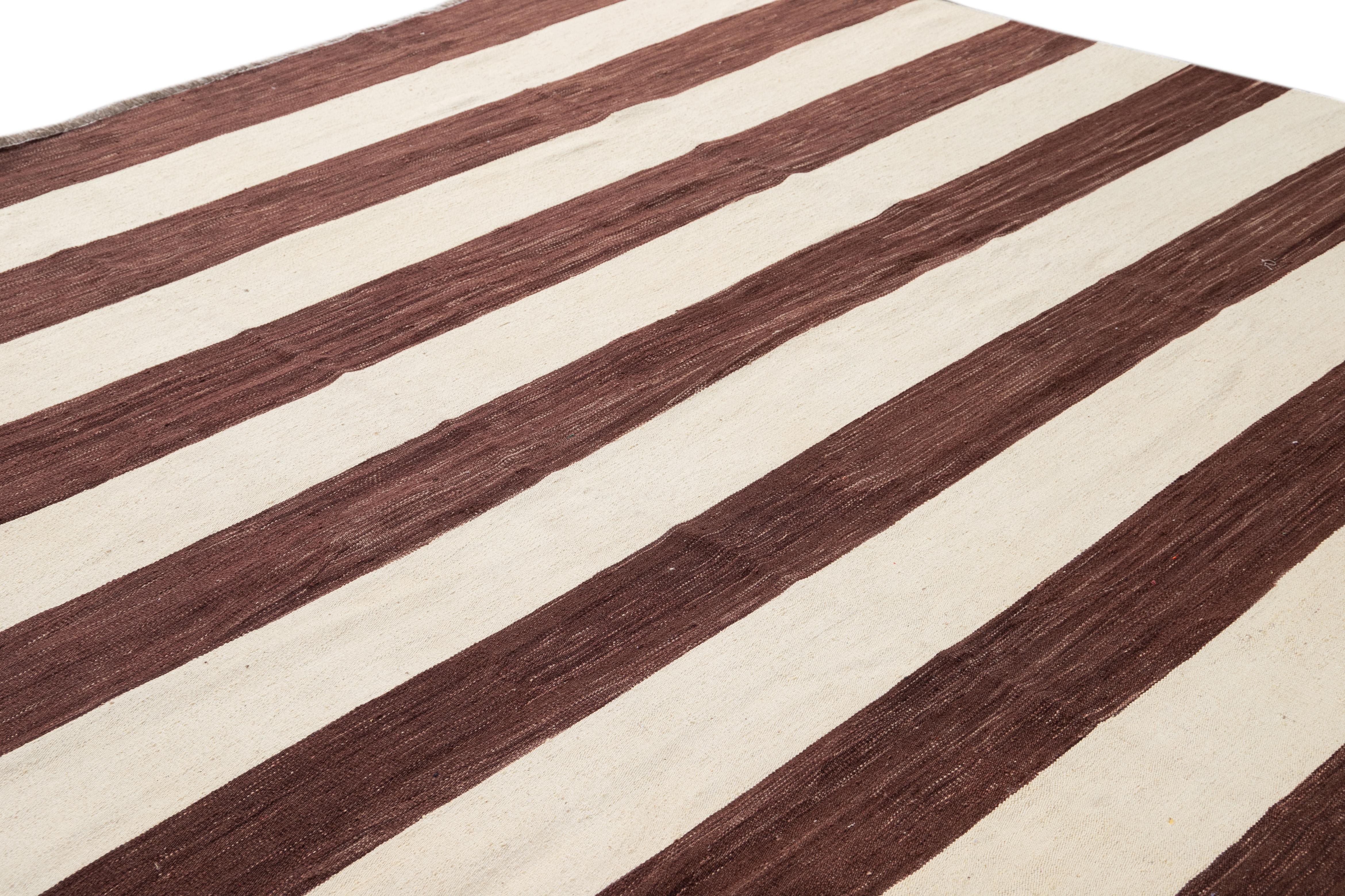 Contemporary Brown & White Striped Kilim Flatweave Wool Rug 1