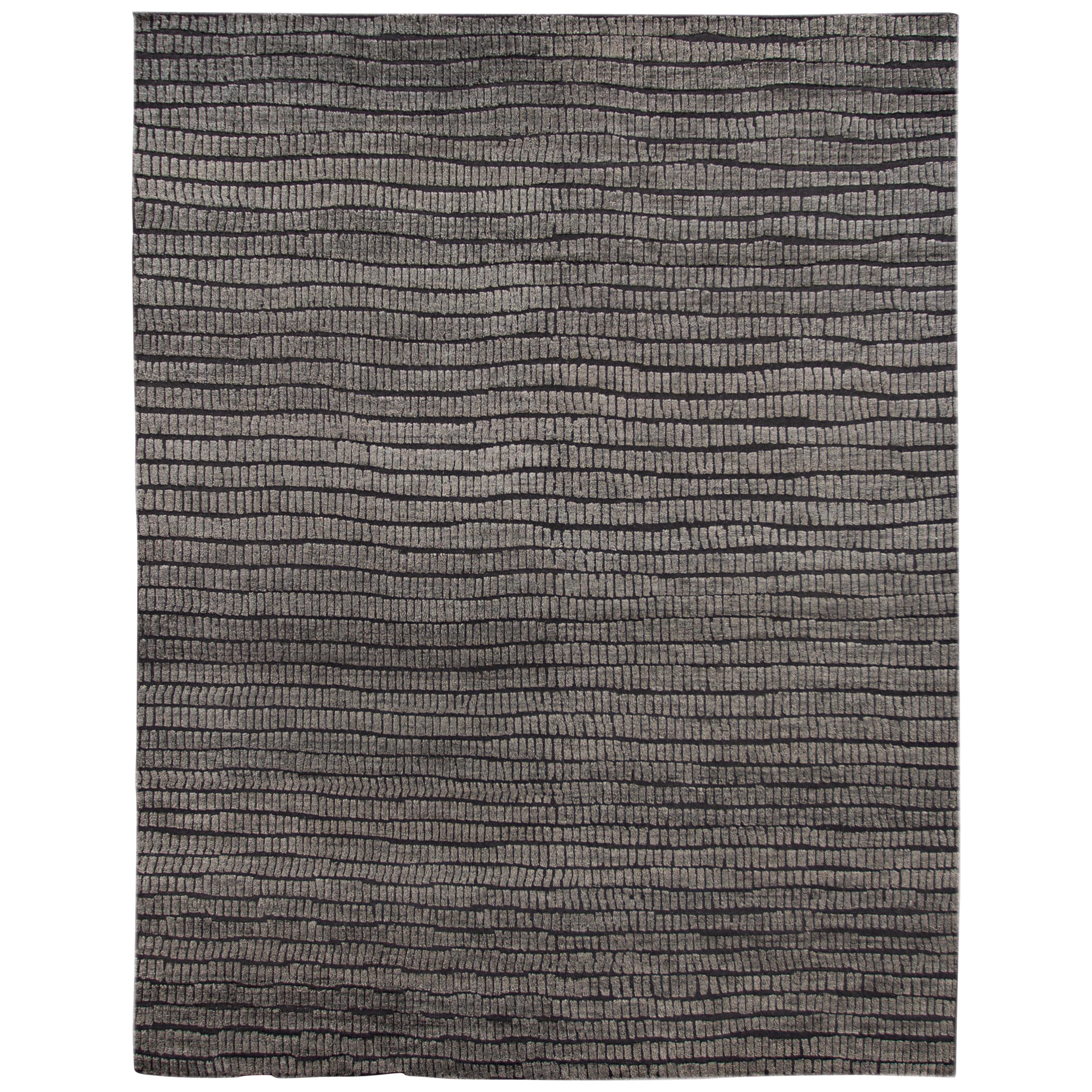 Contemporary Textured High Low Wool Rug In Dark Grey  For Sale