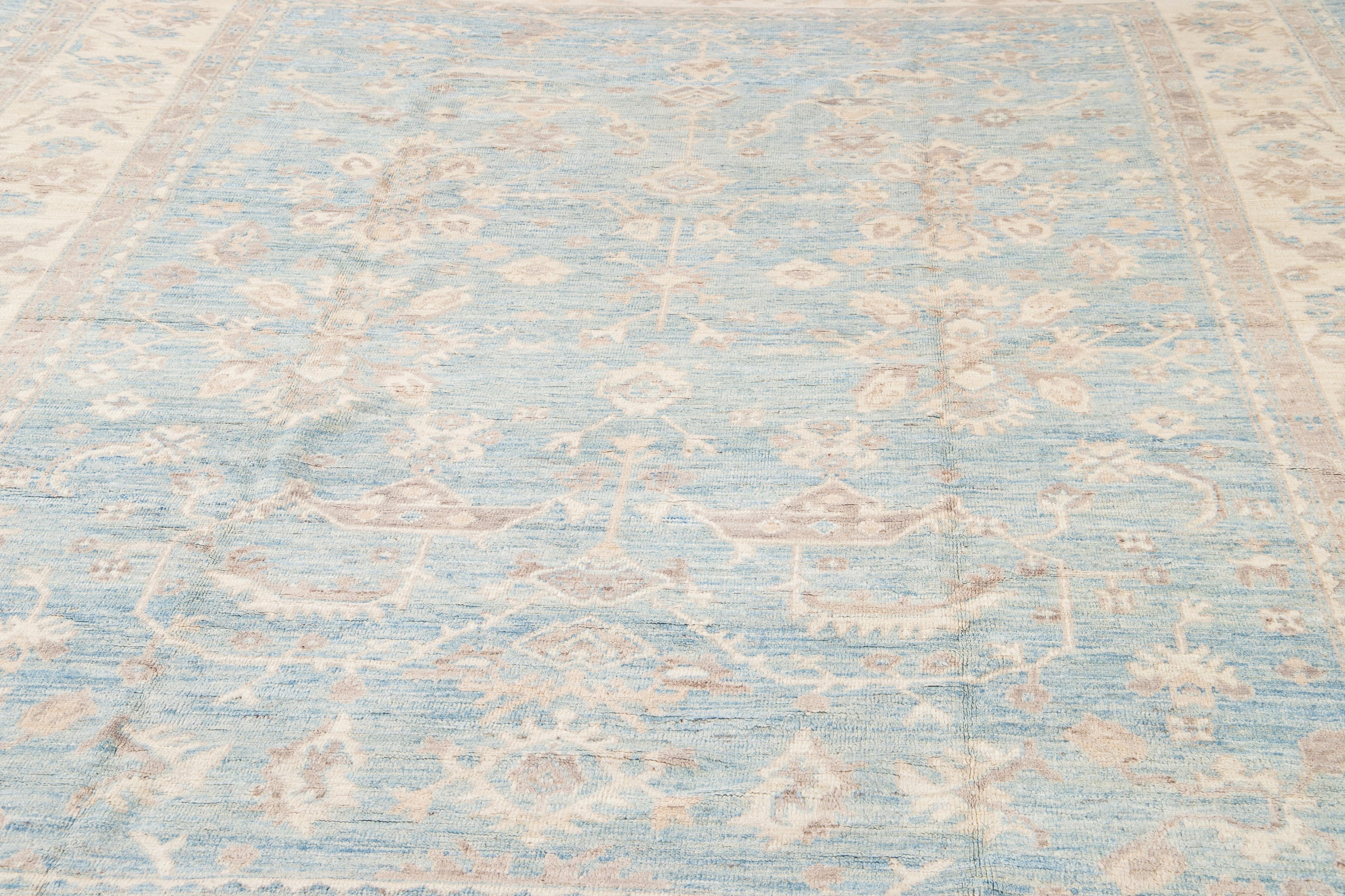 Hand-Knotted Modern Turkish Oushak Handmade Blue and Beige Wool Rug For Sale