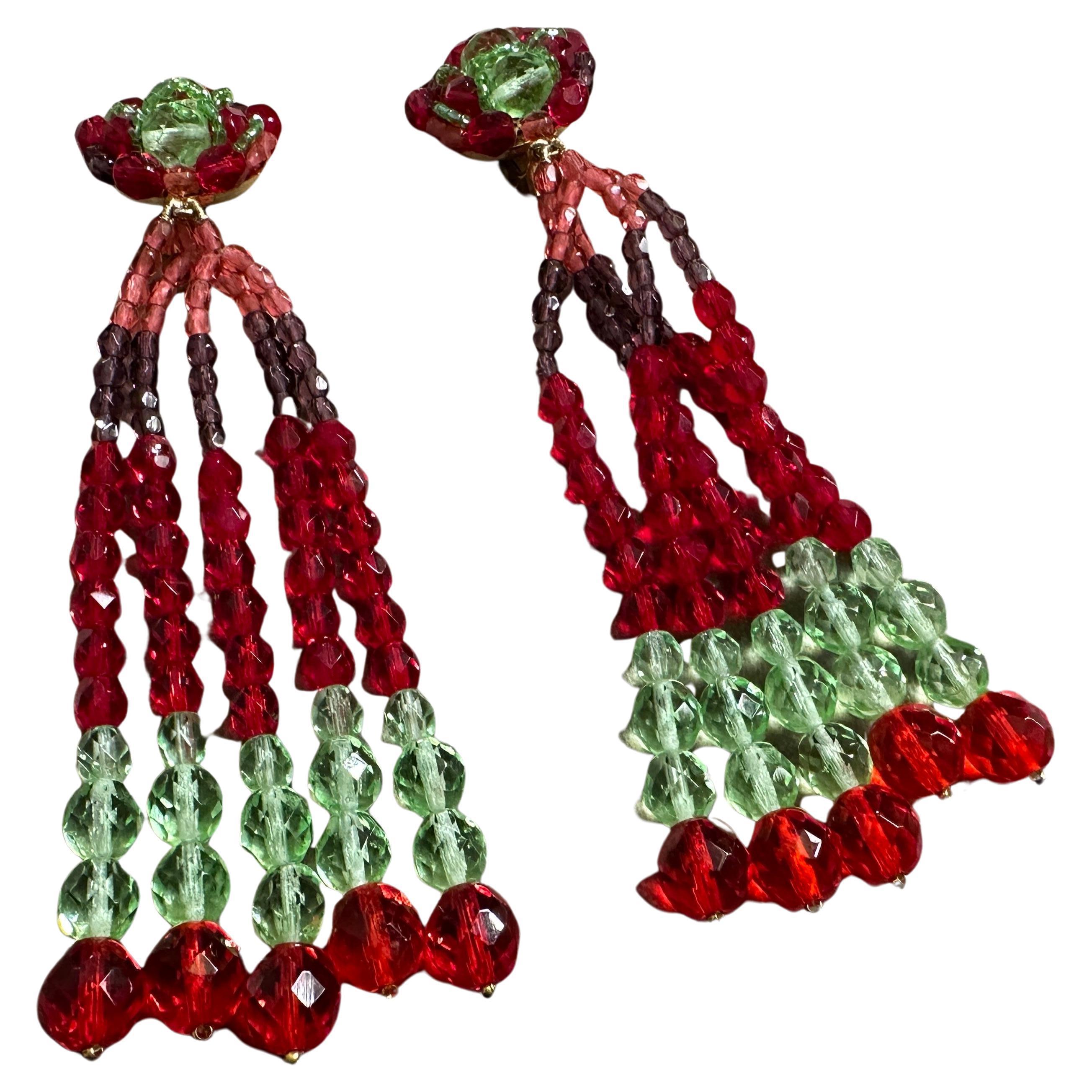 21st Century Coppola e Toppo Red and Green Crystals Chandelier Earrings For Sale