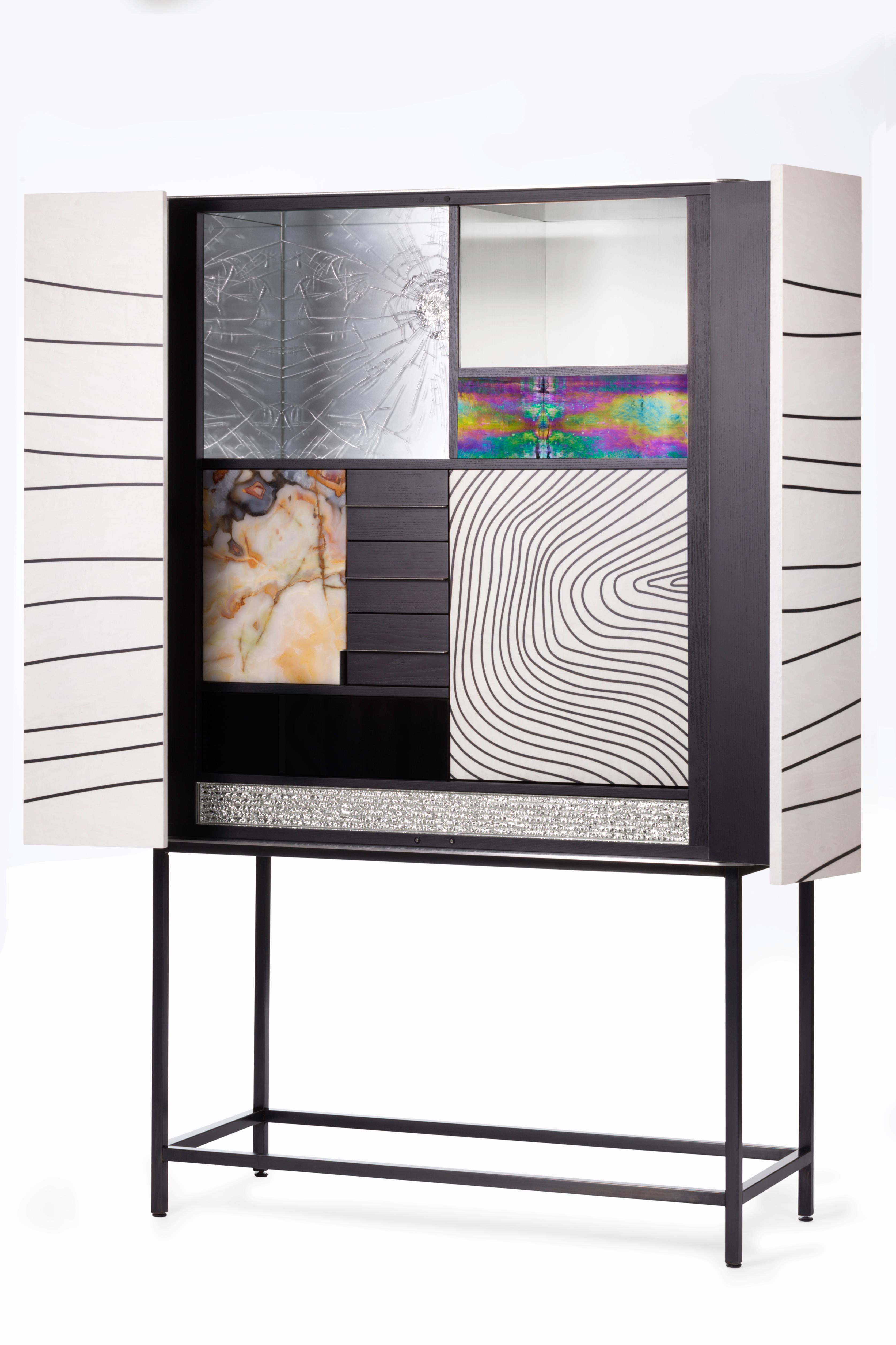 Hand-Crafted 21st Century Corde Bar Cabinet, Birdseye Maple and Ash Inlays, Made in Italy For Sale