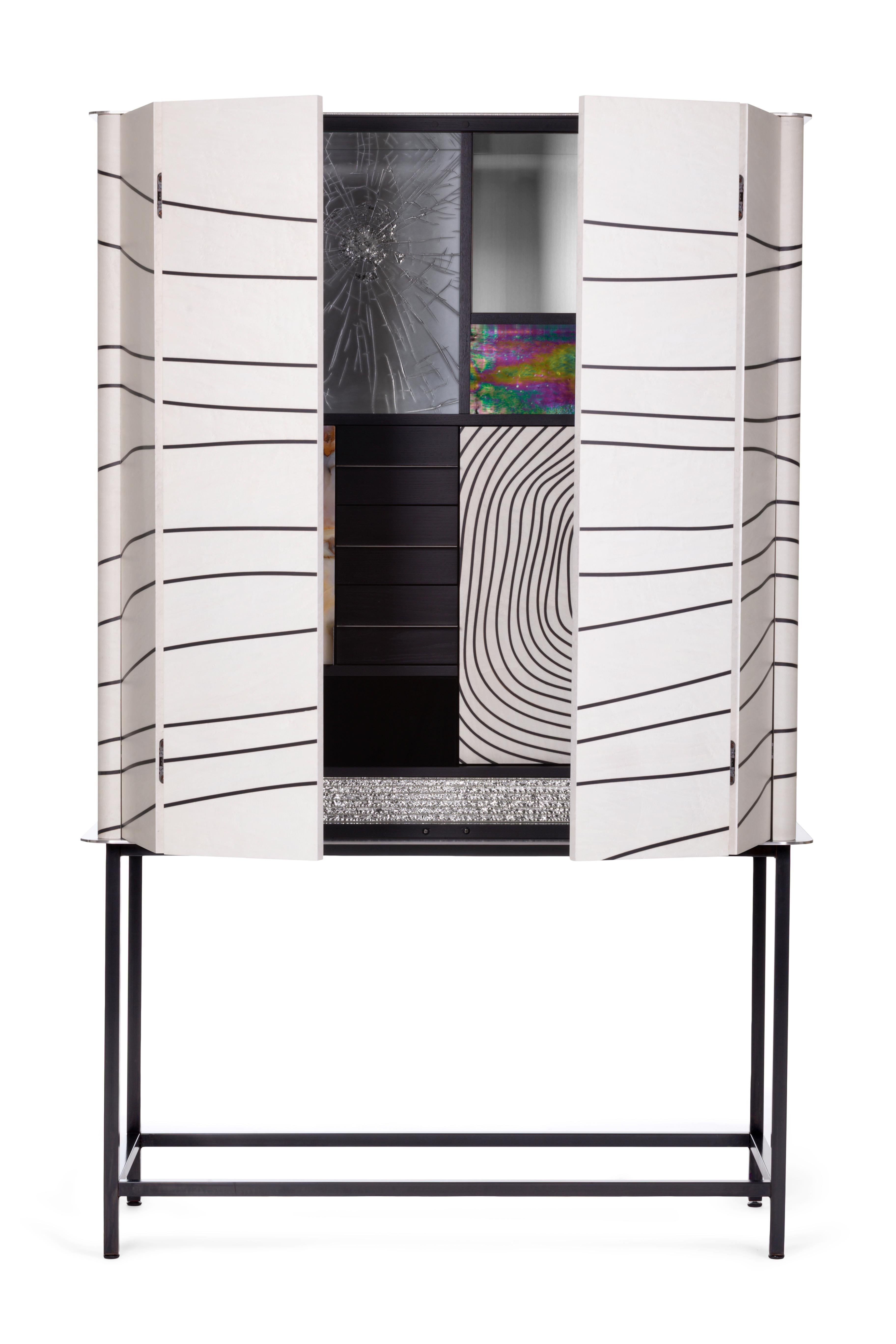 Metal 21st Century Corde Bar Cabinet, Birdseye Maple and Ash Inlays, Made in Italy For Sale