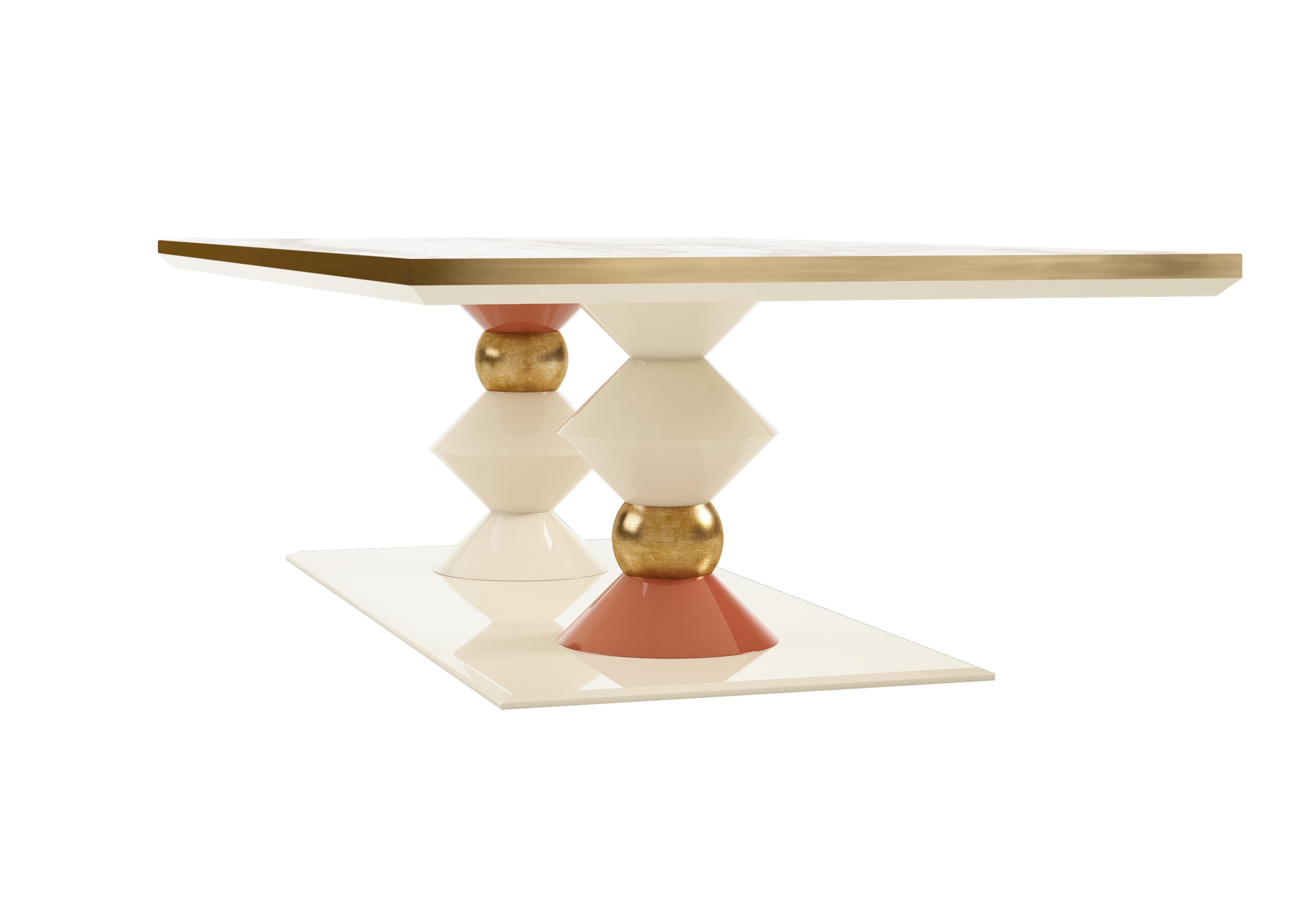 Portuguese 21st Century Cortez Dining Table Lacquered Wood Gold Leaf Marble For Sale