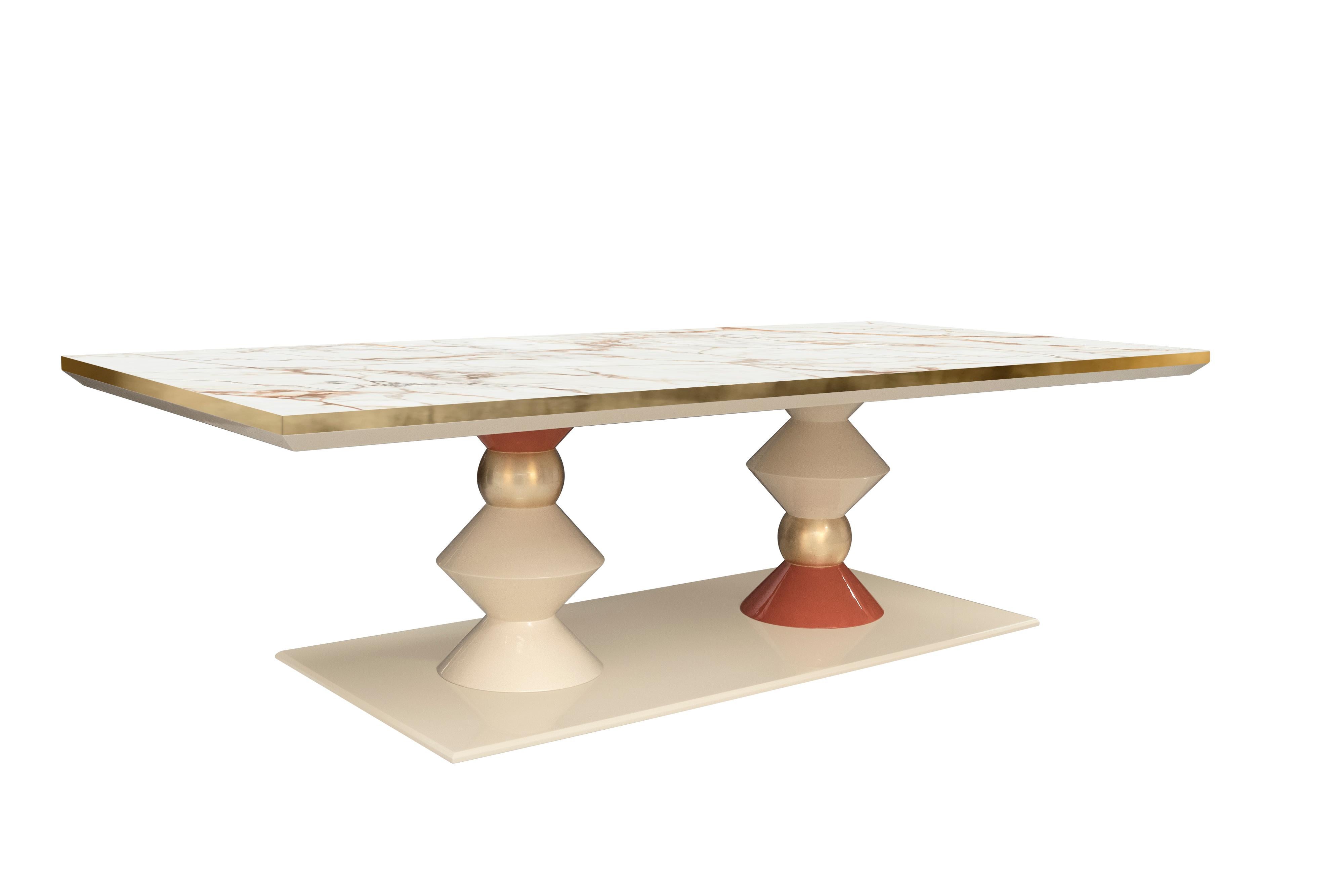 21st Century Cortez Dining Table Lacquered Wood Gold Leaf Marble In New Condition For Sale In RIO TINTO, PT