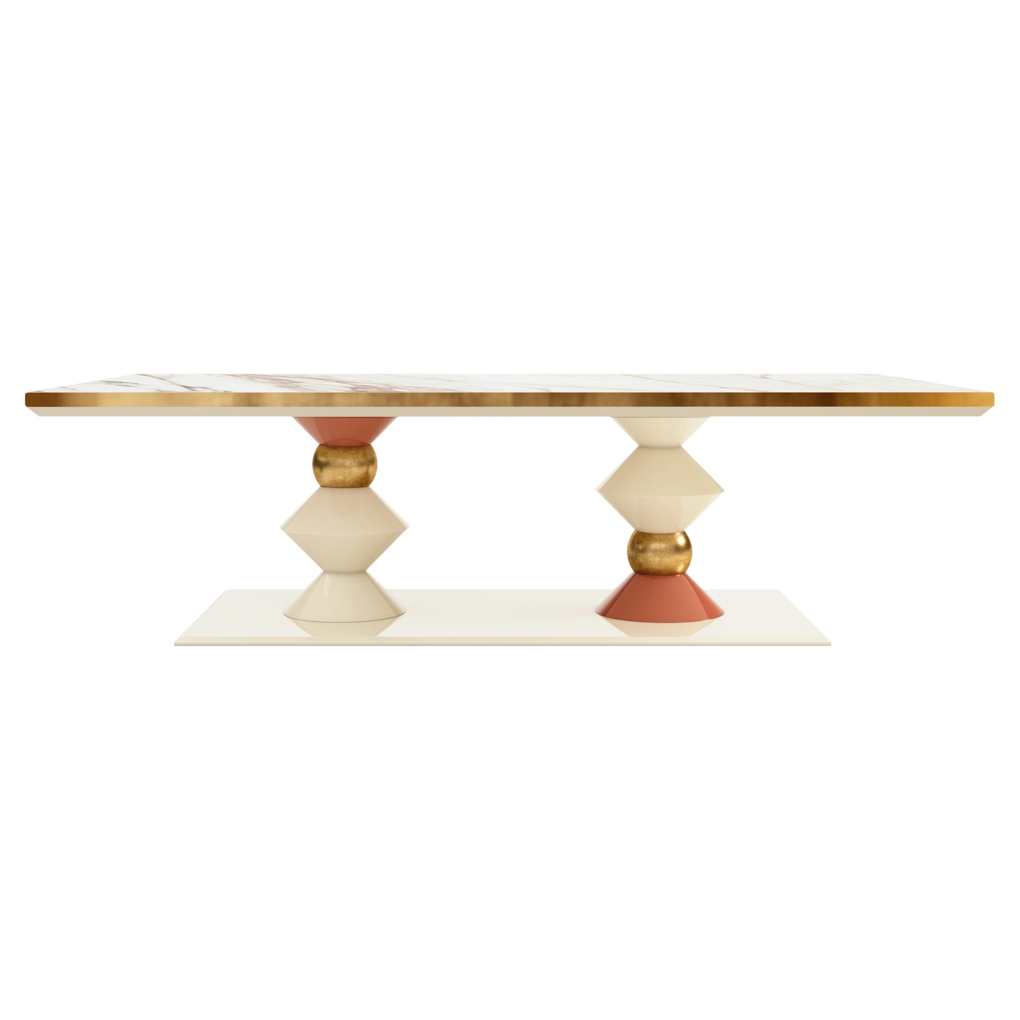 Table de salle à manger Cortez du 21e siècle en bois laqué et marbre à feuilles d'or