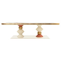 21st Century Cortez Dining Table Lacquered Wood Gold Leaf Marble