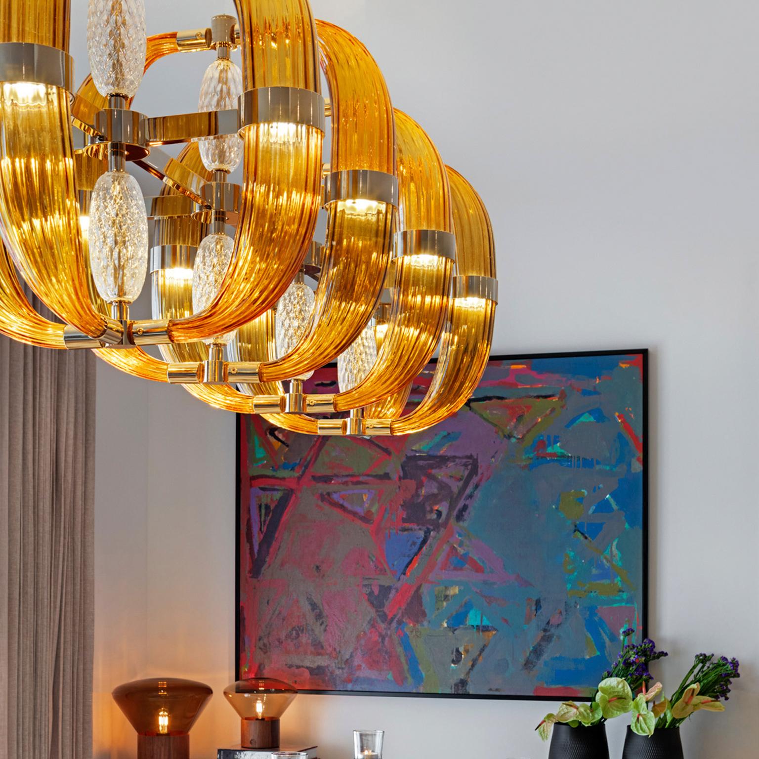 Italian 21st Century Coup de Foudre Amber Glass and Gold Chandelier by Roberto Lazzeroni For Sale
