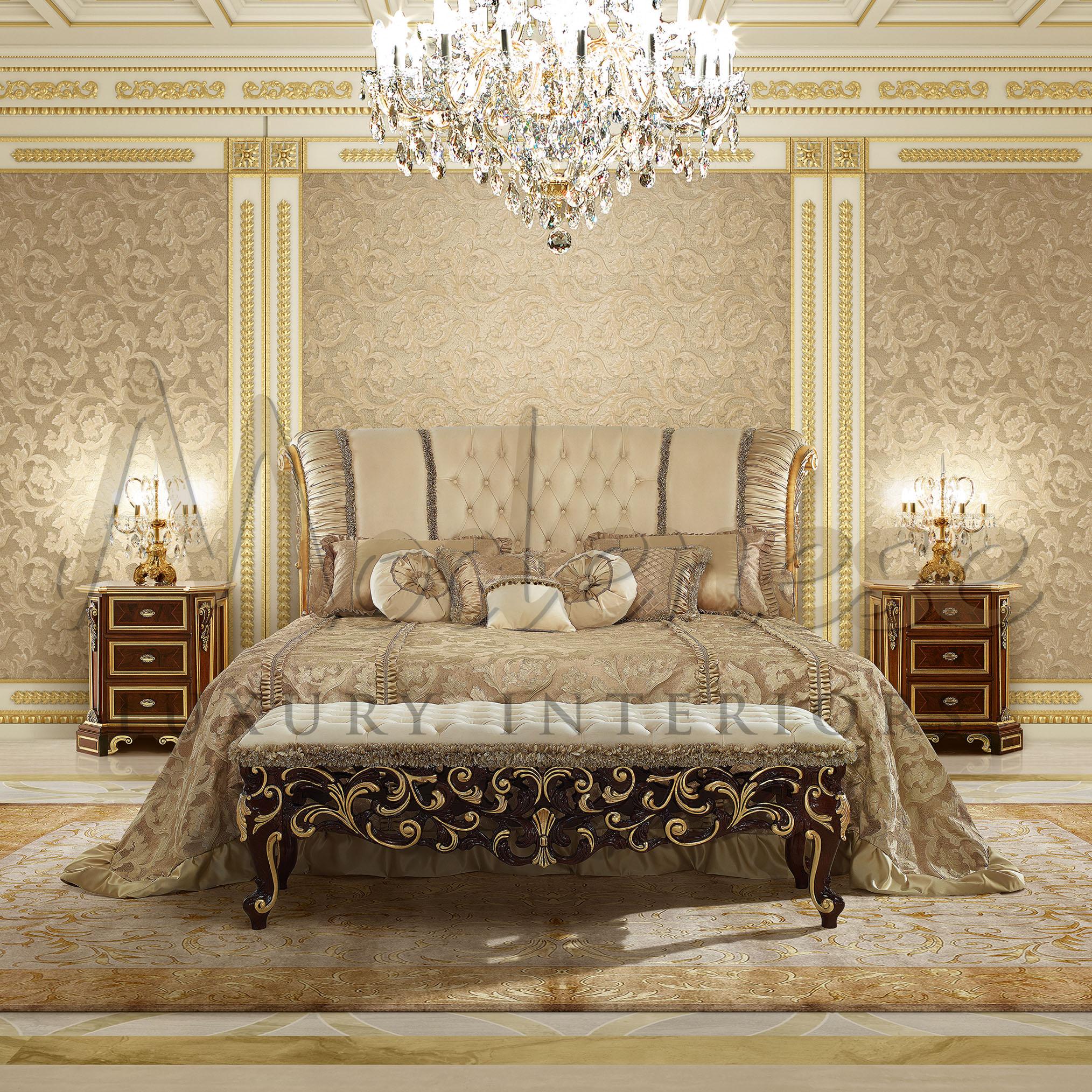 A lot more than just a normal bedroom solution, this neo-rococo upholstered double bed by Modenese Gastone Interiors will make you feel like a queen with her king. Wide spaces, leather tufted upholstery and a wonderfully designed headboard are a