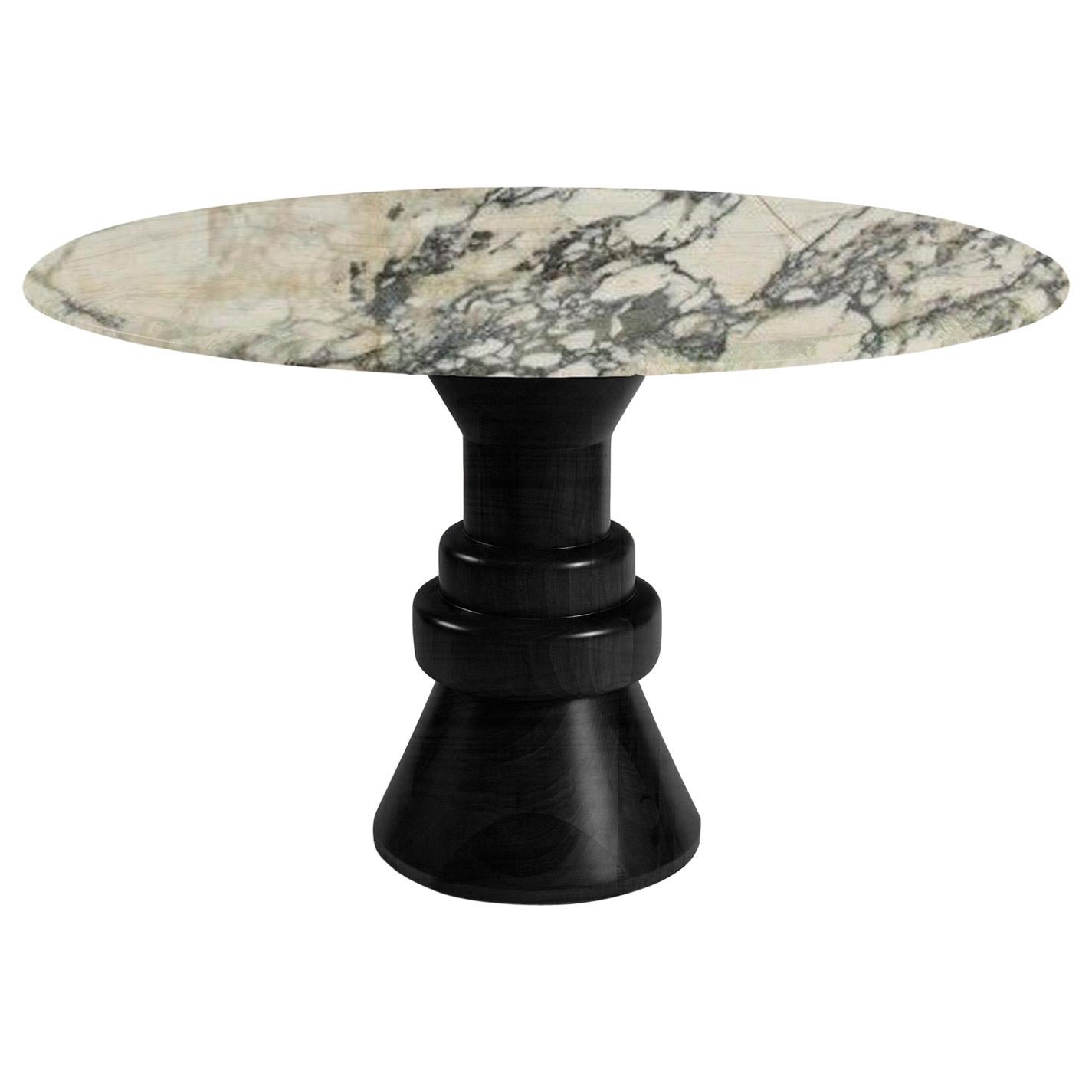 21st Century Cream Marble Round Dining Table with Sculptural Black Wooden Base